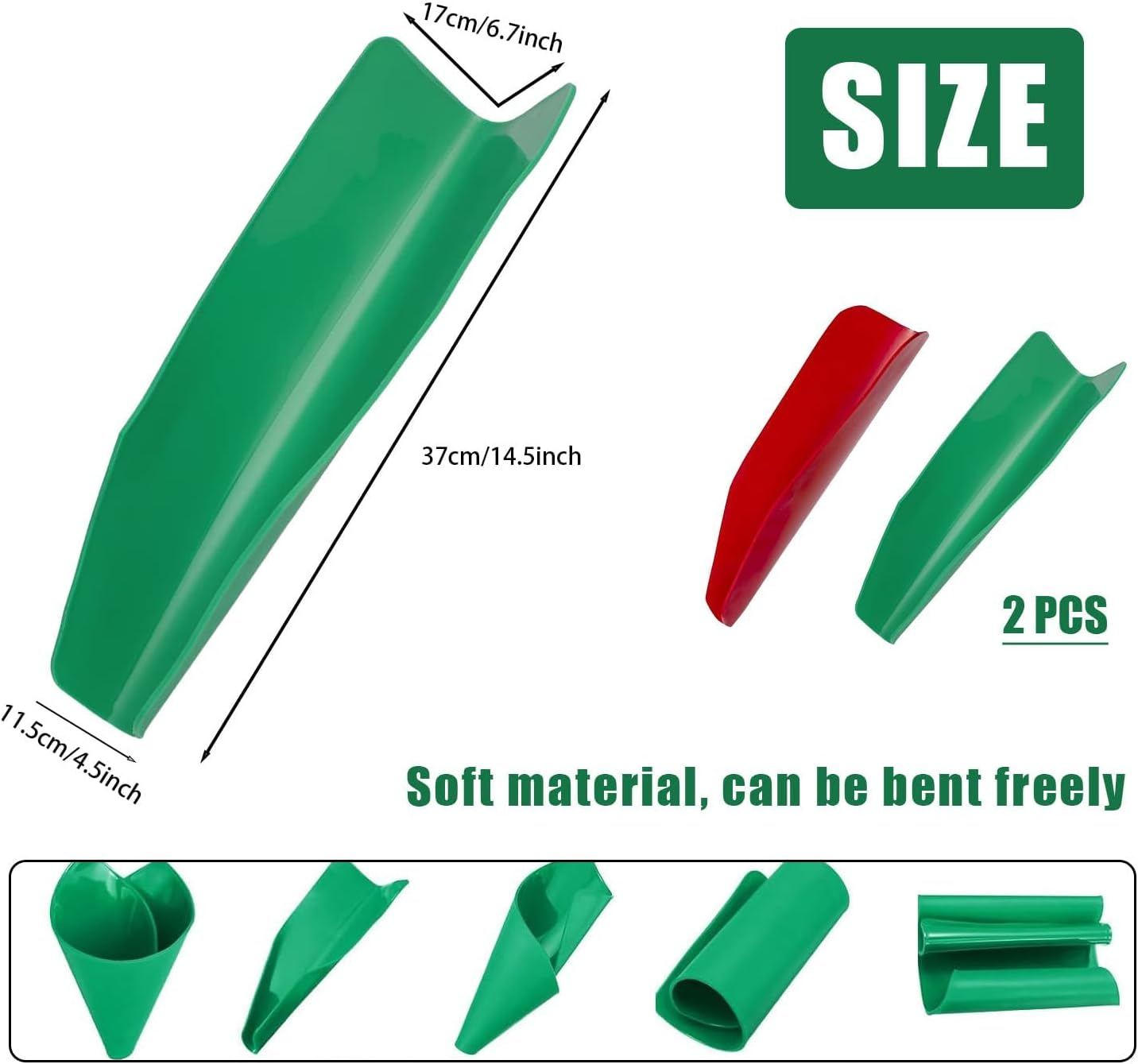 2 Pack Flexible Draining Oil Funnel,14.5" X 6.7" Free Folding Deflector Rubber Tool, Universal for Car, Garden and Lawn Accessories (Green and Red) image number 2