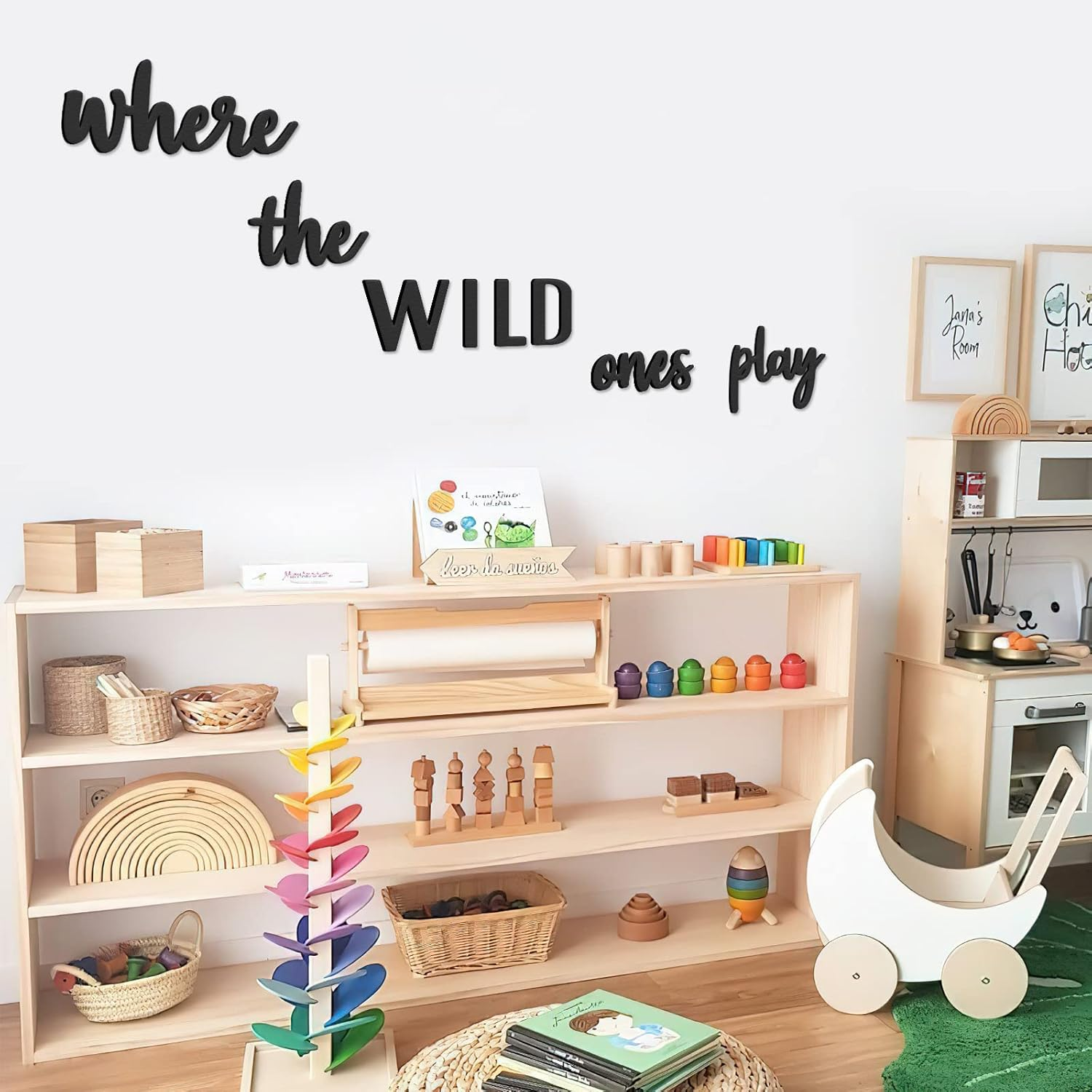 Xylolfsty Playroom Wall Decor, Where the Wild Ones Play Sign - Wooden Wall Art for Boys & Girls Toy Room, Toddler Nursery, Bedroom - 8 Pcs