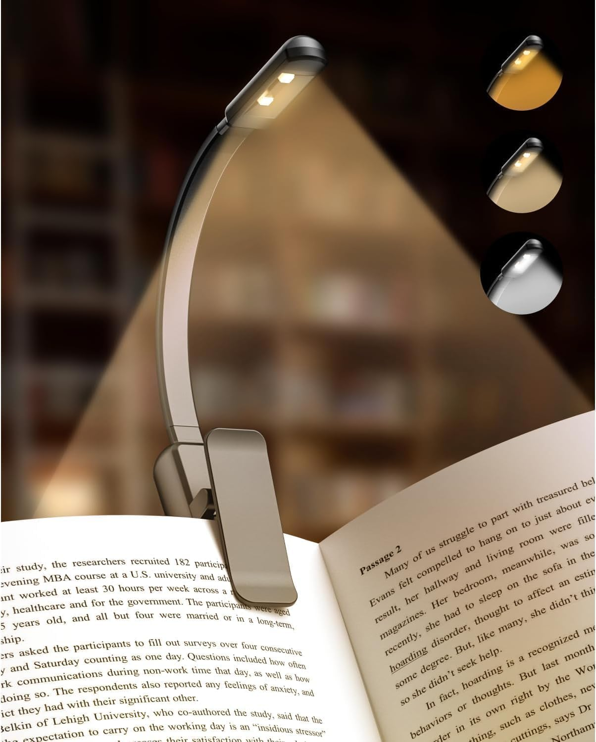 Book Light for Reading in Bed, Clip on Book Lamp with Stepless Dimming & 3 Colour Modes, Lightweight Battery Operated Clip-On Light for Kindle, Travel, Desk(Black)