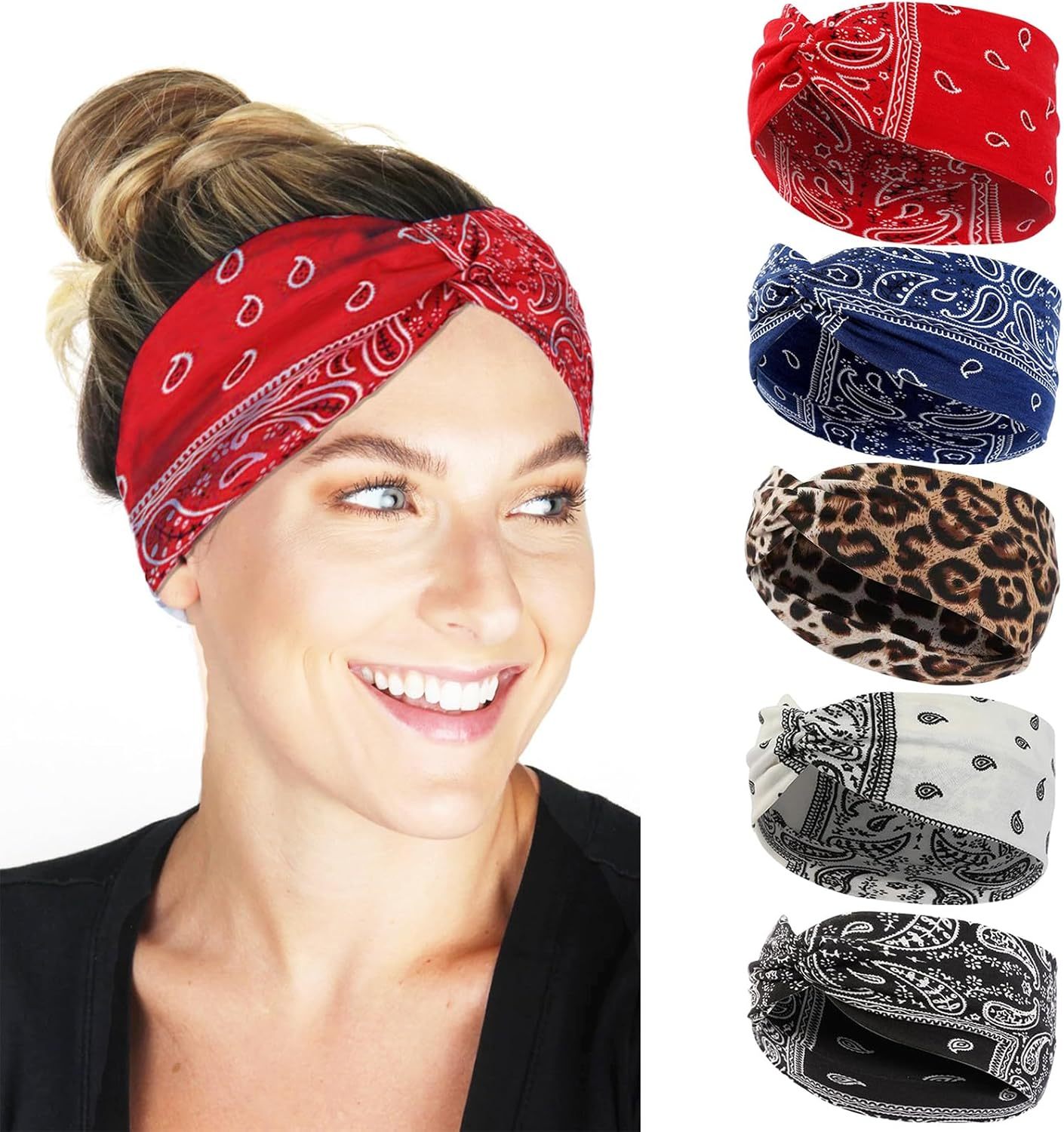 BSITSSS Pack of 5 Women'S Elastic Boho Hair Accessories Leopard Hair Band Summer for Yoga Fitness Short Hair Workout Running Sports image number 5