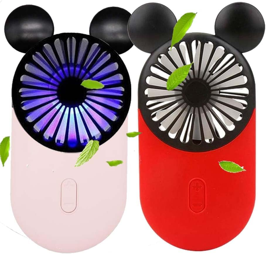 Cute Personal Mini Fan(2 PACK), Mini Handheld USB Rechargeable Portable Fan with Stylish LED Light,3 Speed Adjustable,Cute Mouse,For Kids Girls Woman Home Office Outdoor Travel