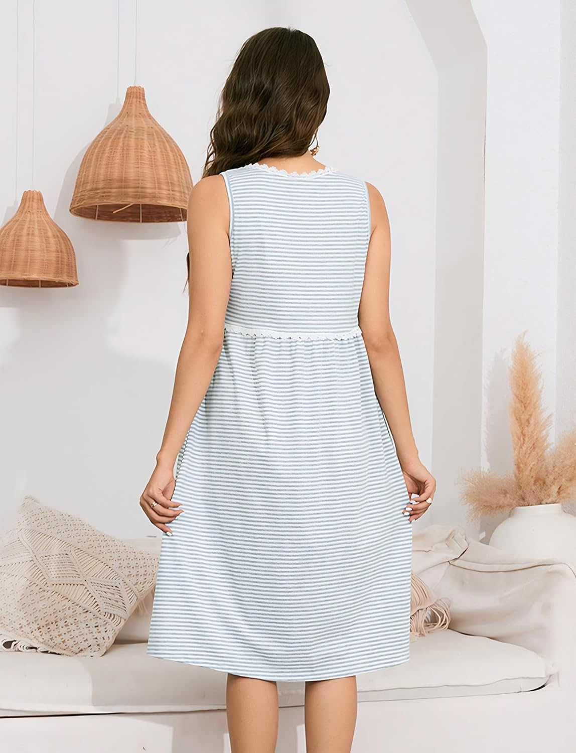 SEAUR plus Size Maternity Tank Dress Pregnant Sleeveless Sundresses Summer Stripes Lace Trims Casual Leisure Midi Dresses image number 4