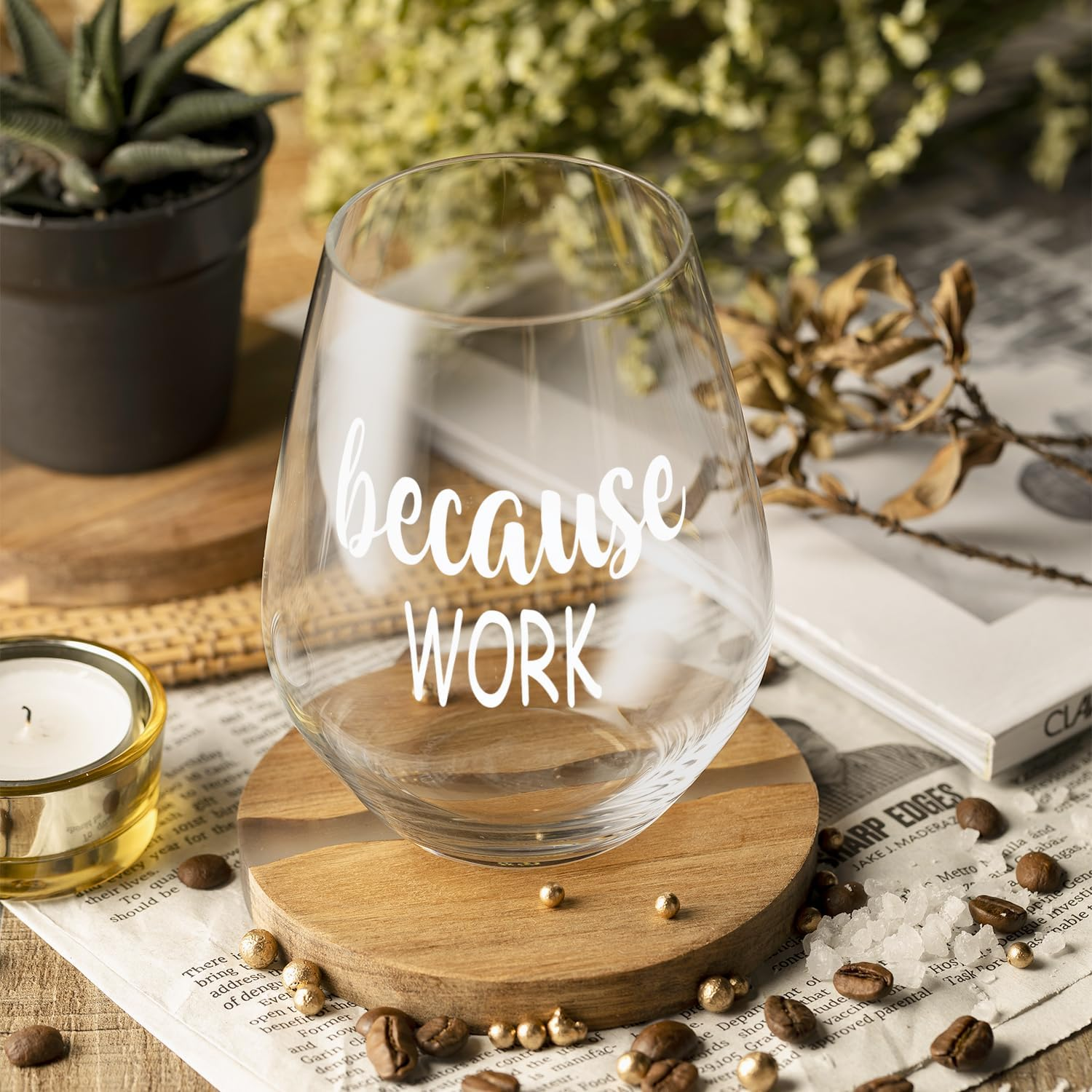 Fatbaby Funny Wine Glass for Coworker Boss Lady Secretary,Work Besties, Humorous Christmas Office Gag Gift, Because Work Stemless Wine Glass for Employee Friends 15OZ - Because Work image number 4
