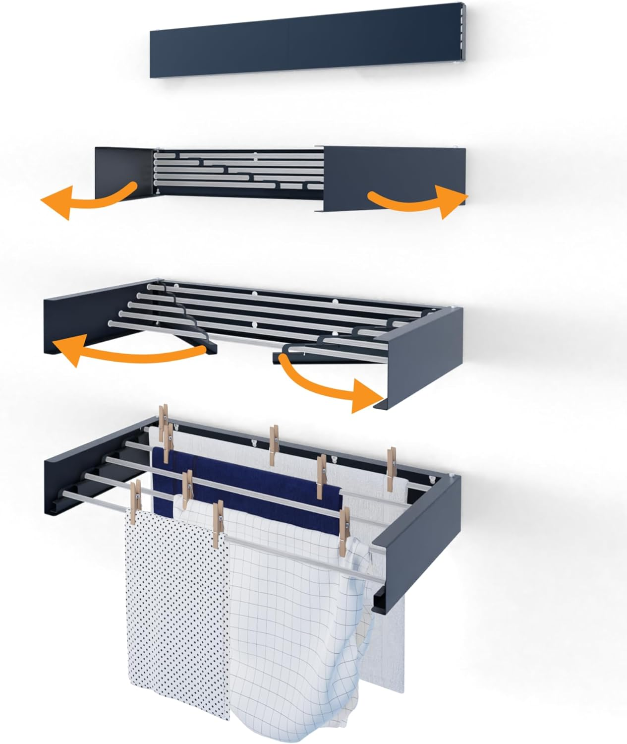 Hot Flow Glide Foldable Wall Mounted Clothes Rack, Retractable Clothes Drying Rack. Sleek Design with 5 X 70Cm Rods for 3.5M of Hanging Line. Perfect for Saving Space. 20Kg Capacity, 70Cm, White
