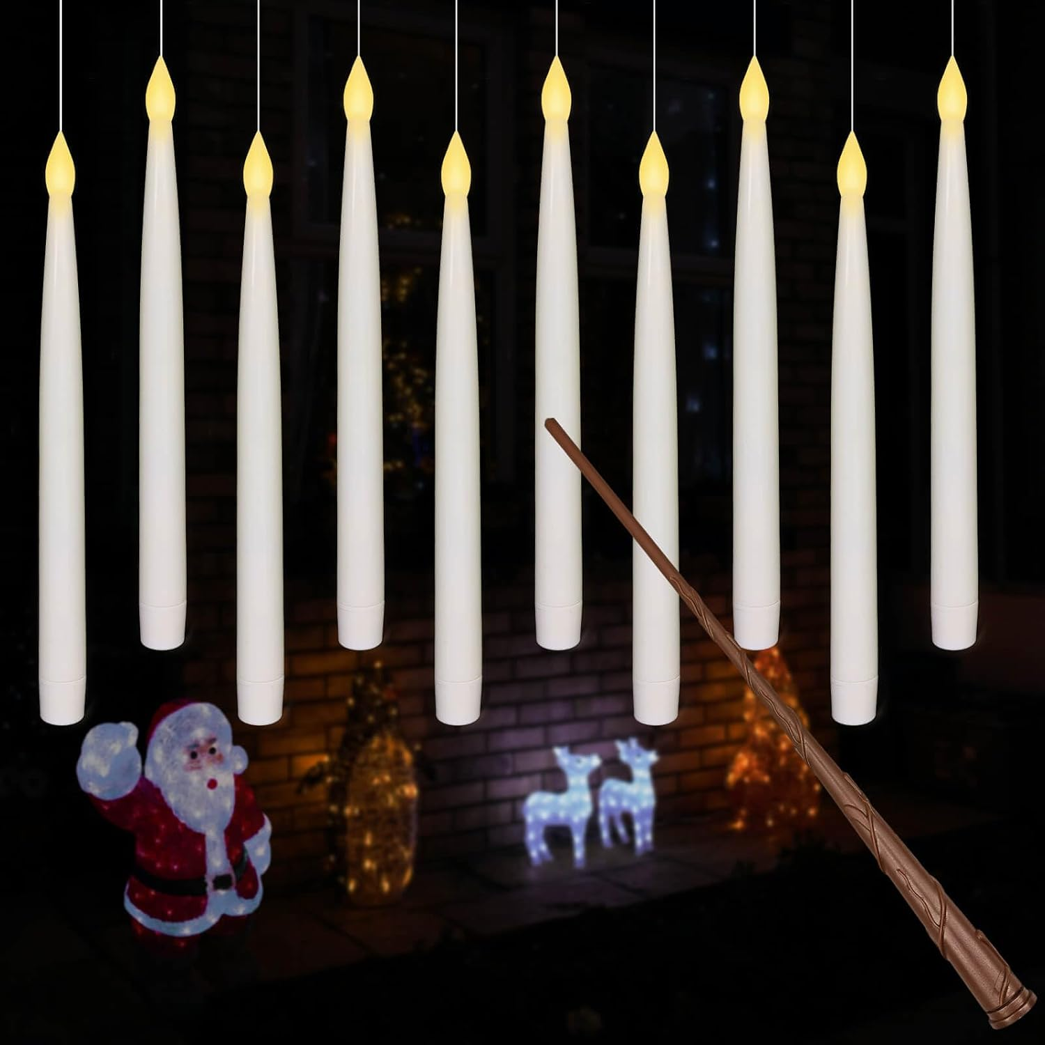 Leejec 10Pcs Flameless Taper Floating Candles with Magic Wand Remote, Halloween Decorations, Indoor Christmas Home Decor, Flickering Warm Light, Battery Operated 10.8" LED Electric Window Candle image number 2