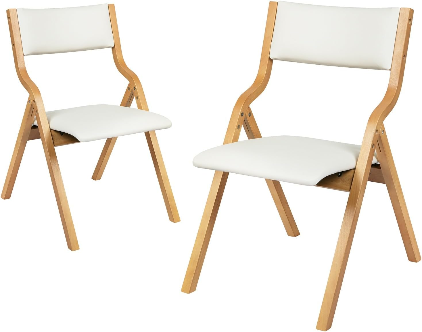 LEVEDE Set of 2 Folding Chairs, Full Assembly Dining Chairs, Solid Wood Frame Reading Seat, PU Leather Casual Chairs for Living Room, Cafe, Dining Room, Camping, Load up to 150Kg (Beige)