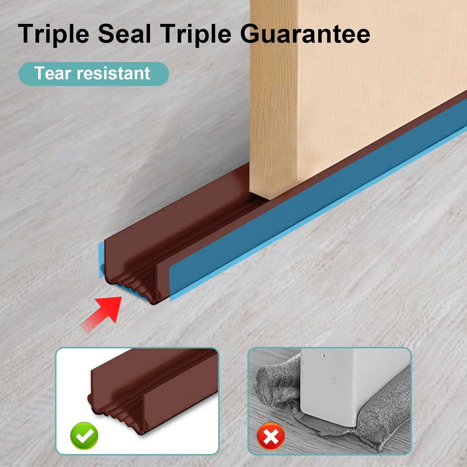 Doublecare 39.37 Inch Door Draft Stopper, Double Weather Stripping, Windproof PVC under Door Seal & Insulator Door Sweep, Insect-Proof Soundproofing Strip, for Exterior/Interior Doors(Brown)