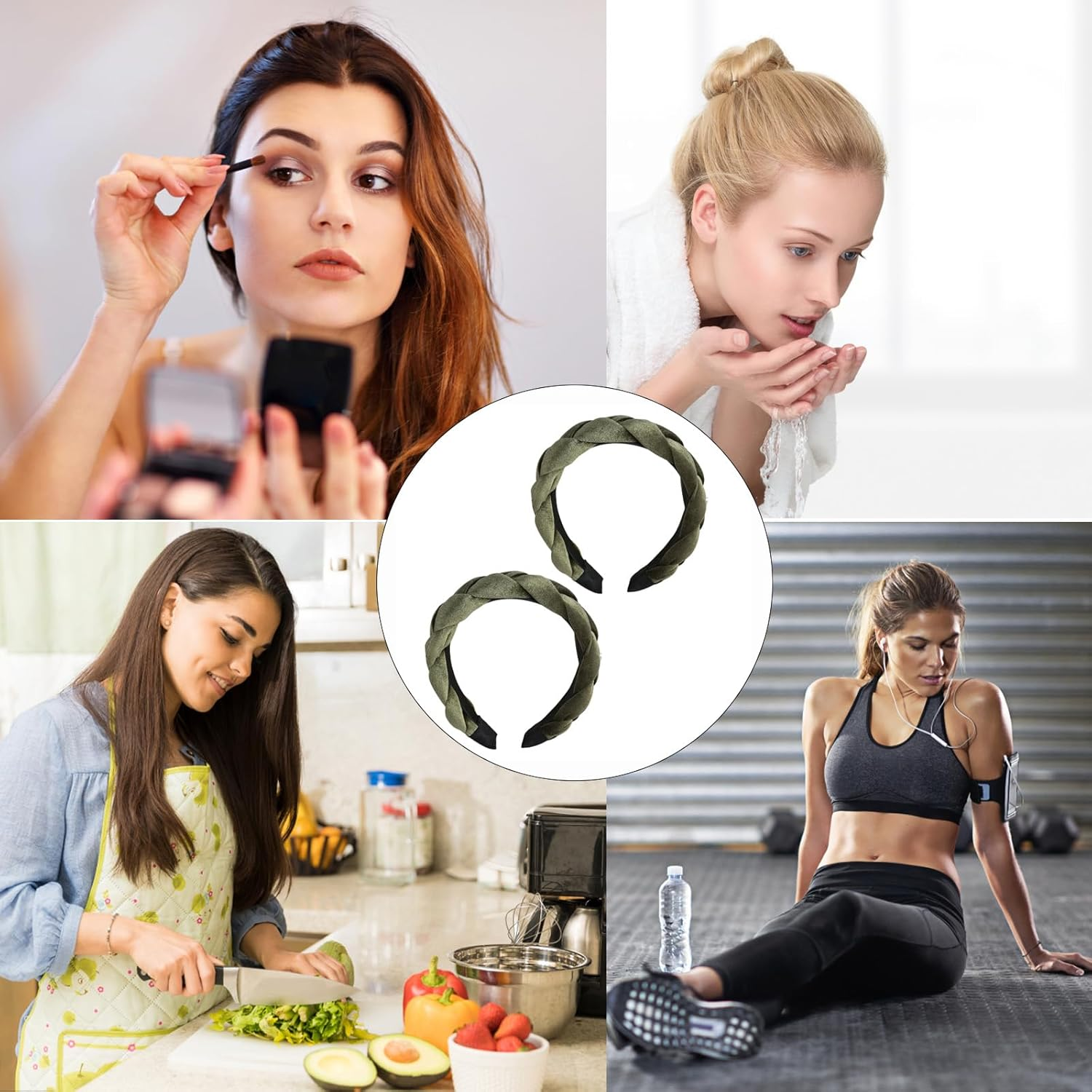 Pack of 2 Vintage Dirndl Headbands, Cross Braid, Fashion Headband Green for Makeup, Face Wash and Headpiece image number 3