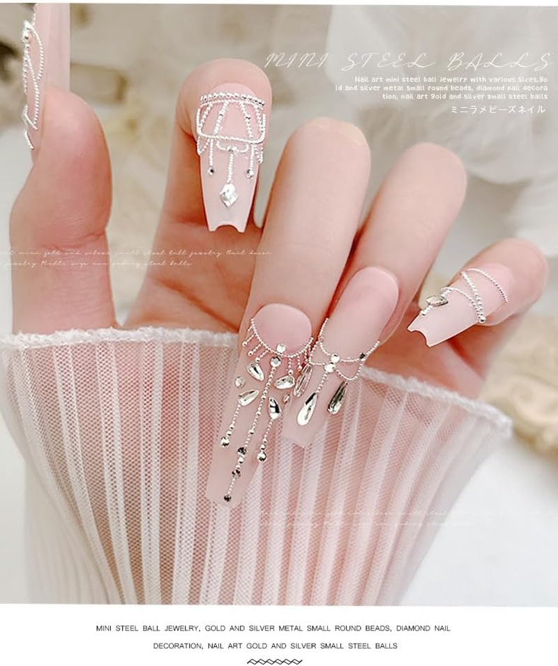 CYBERNOVA 8Packs 3D Nail Art Steel Balls Mini Beads Gold Silver Nail Charm 0.6Mm-3.0Mm Metal Steel Beads for Women DIY Nail Art Accessories with Tweezers (Gold) image number 5