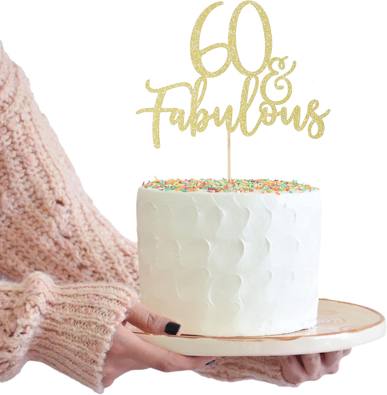 LOVENJOY 60 and Fabulous Cake Topper Gold Glitter for 60Th Birthday Party Cake Decoration Glittery image number 4