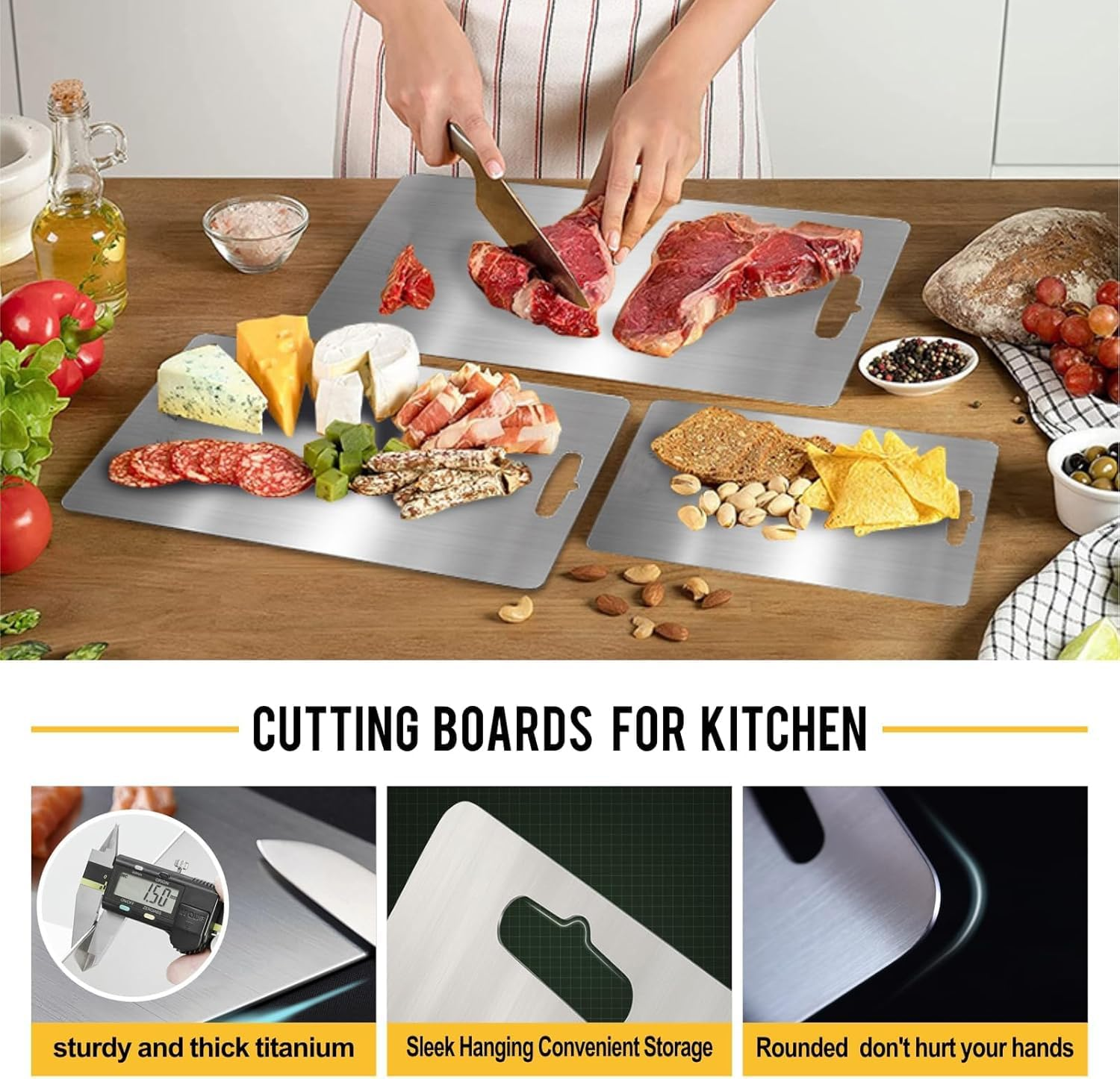 3Pcs Stainless Steel Cutting Boards for Kitchen, Stainless Steel Chopping Board, Durability, Dishwasher Safeperfect for Various Cooking Tasks (3Pcs in 1) image number 5