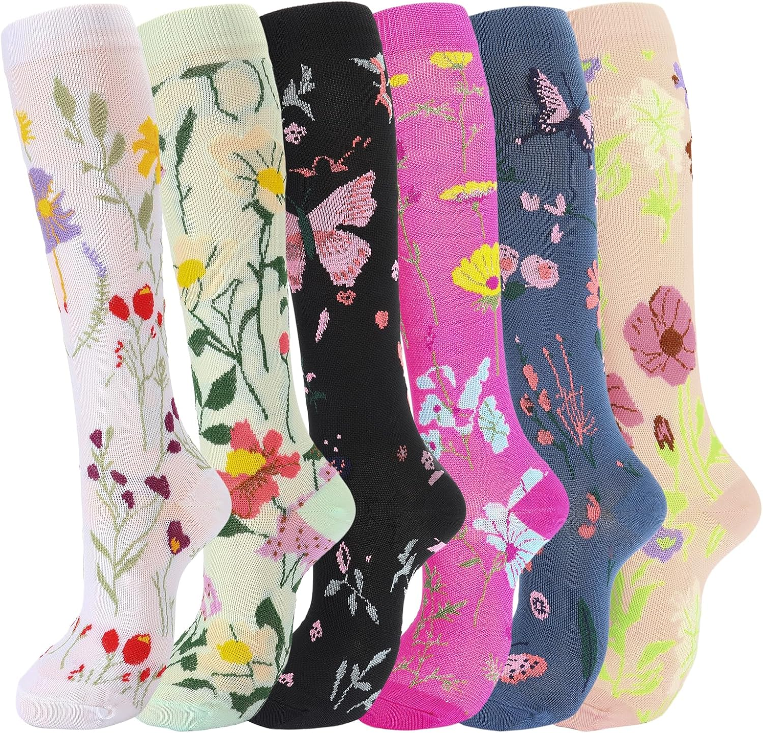 6 Pairs Compression Socks for Men Women Flying - 15-20Mmhg - Flight Calf Support Socks for Circulation Graduated Support Hosiery Bamboo Travel Compression Socks