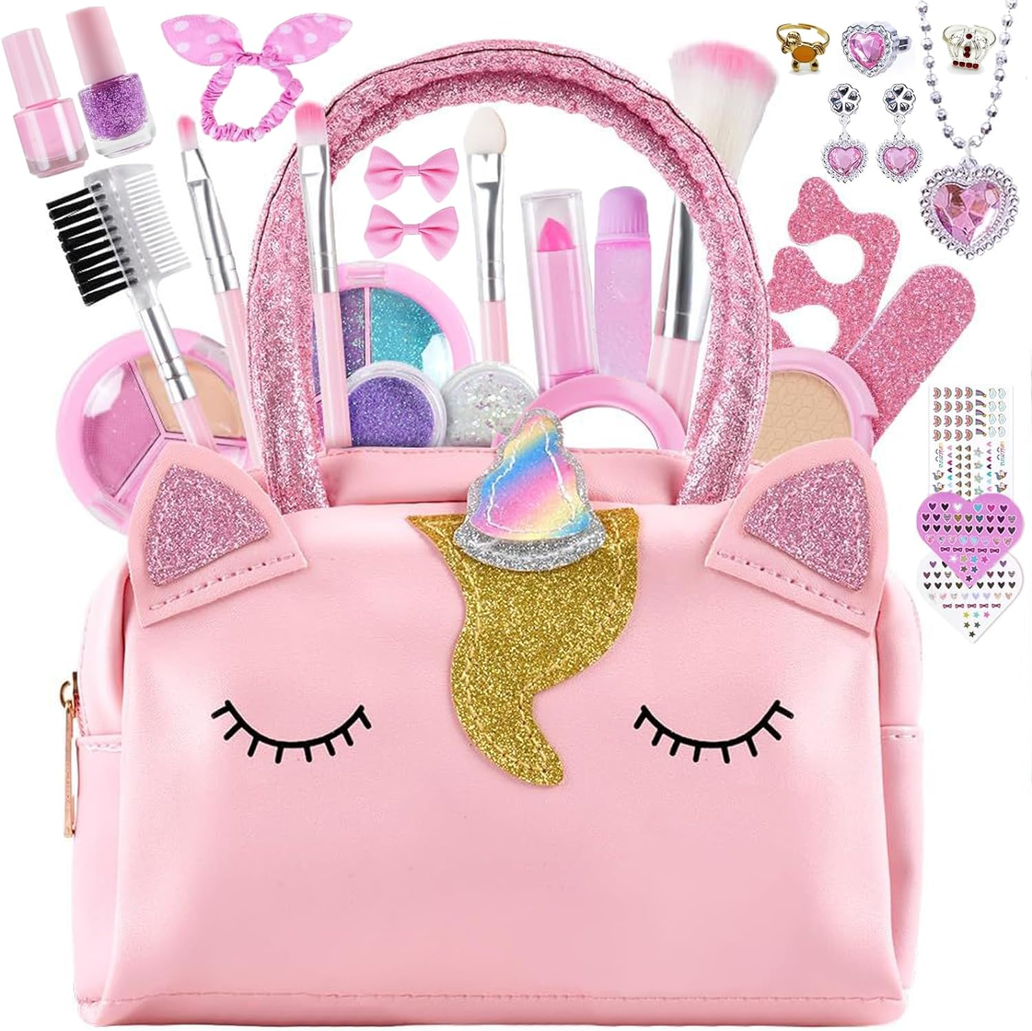 Kids Real Makeup Kit for Little Girls with Unicorn Purse - Non Toxic, Washable Make up Toy - Kids Pretend Play Set Vanity Birthday Gift for Ages 3 4 5 6 7 8 9 10 12 Years Old (Pink Soft Unicorn Bag) image number 1