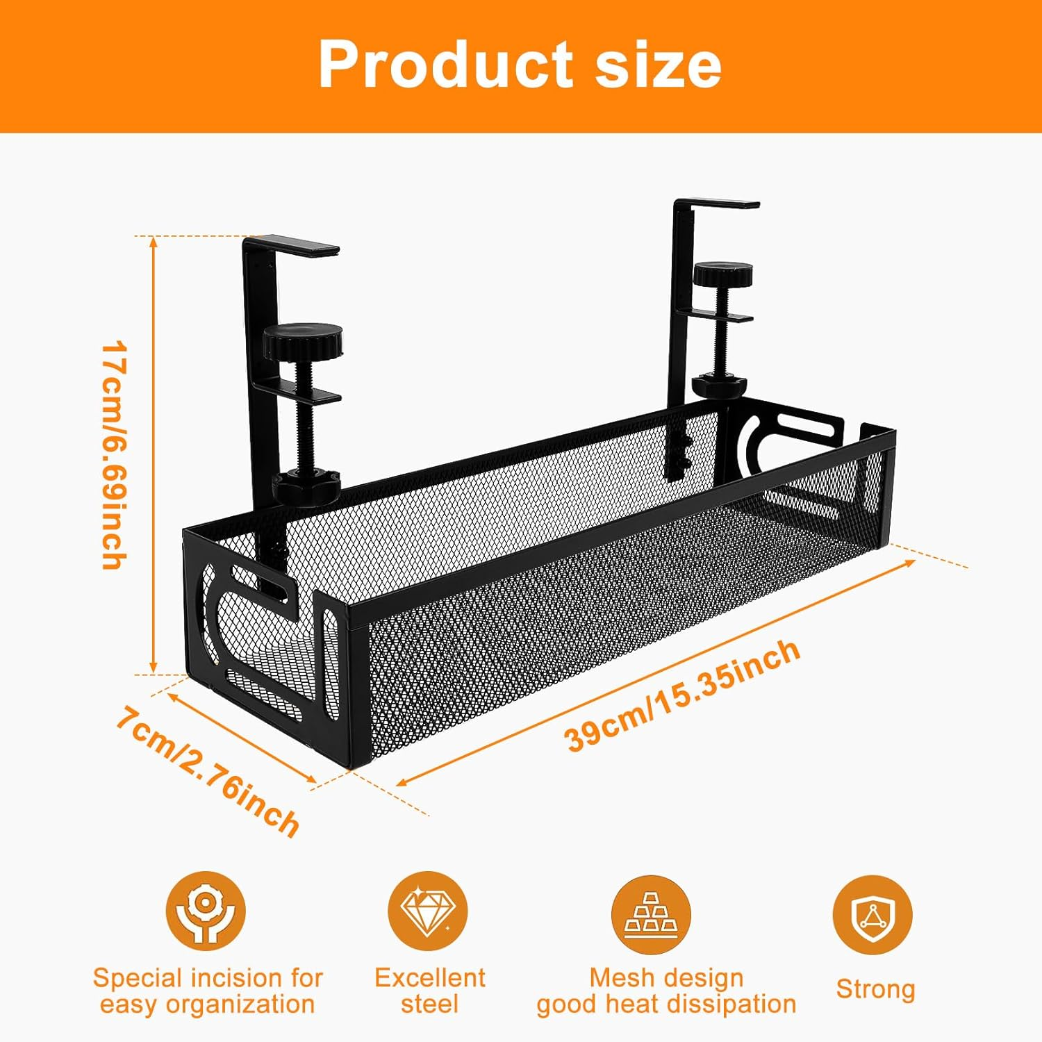 Under Desk Cable Management Tray No Drill 39Cm/15In Metal Mesh Cable Tray with Clamp for Desk Wire Management Cable Management Box and Cord Organizer for Office, Home (Black, 1Pack) image number 5
