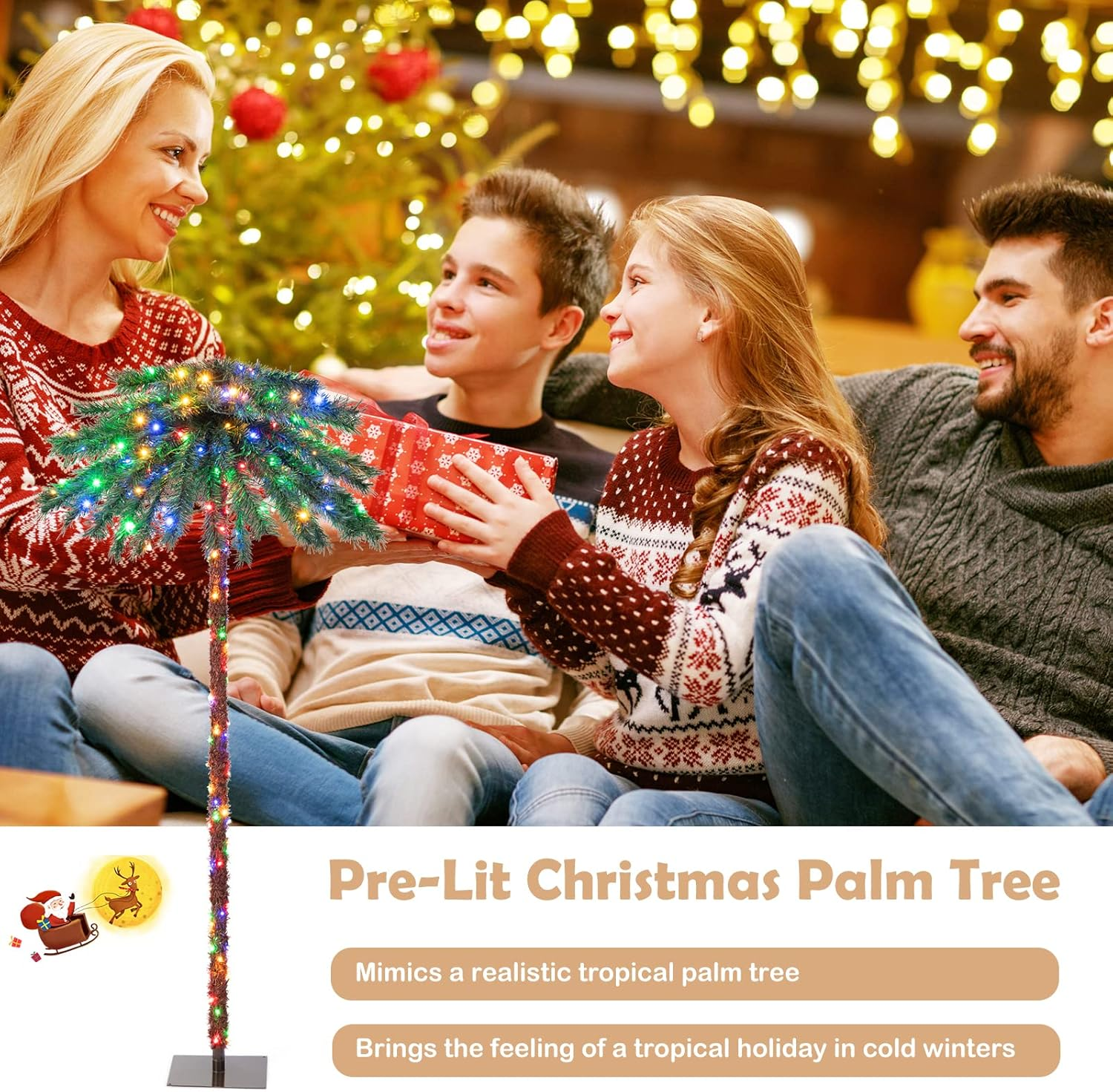 Costway 2 in 1 1.8M Artificial Palm Tree W/ 64 PVC Branch Tips & 210 Four-Color LED Lights, Pre-Lit Decoration Tree for Christmas, Xmas Celebration Tree for Home, Office & Carnival, 2 Pairs of Gloves image number 1