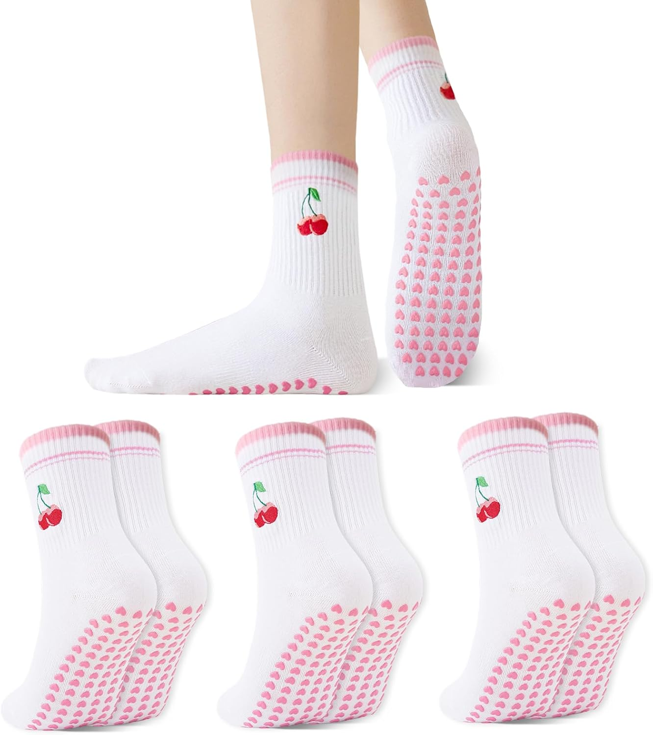 Fiohiros 3 Pairs Pilates Socks Women with Grips, Cherry Reformer Pilates Grip Socks Yoga Socks, Gym Socks for Dance, Training, Barre, Fitness, Workout