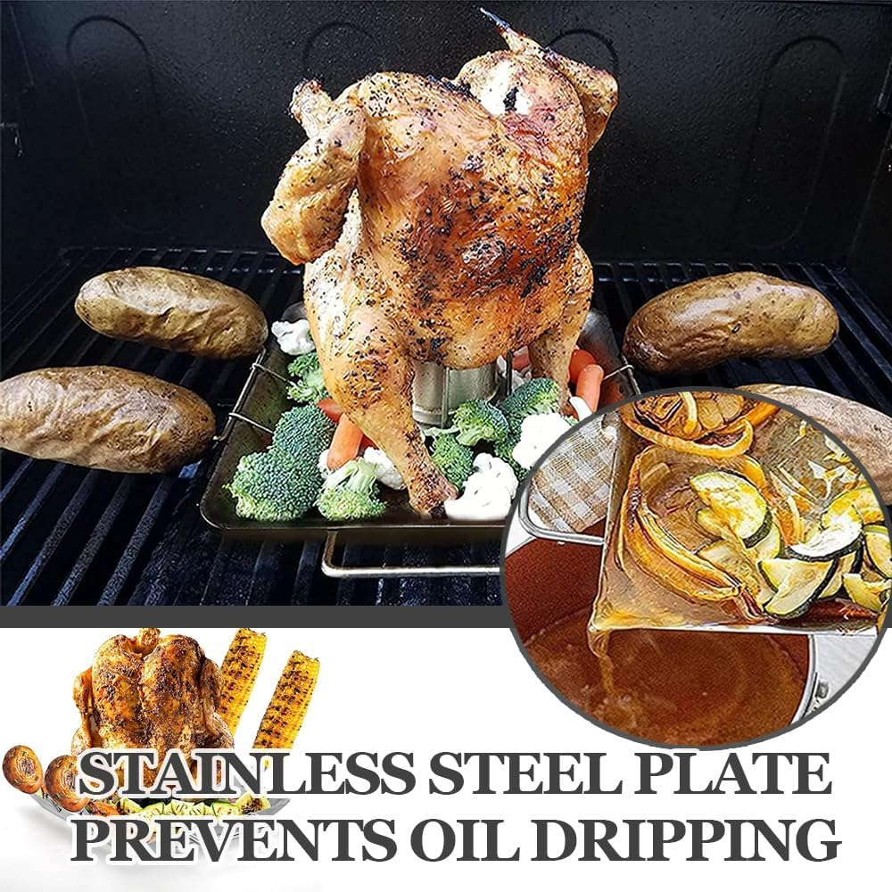 GUDAJIN Beer Can Chicken Grill, Portable Outdoor Stainless Steel Vertical Grill, Multi-Purpose Grilled Chicken Plate, Including 4 Vegetable Spikes, Suitable for Grill, Oven, Camping, Home BBQ