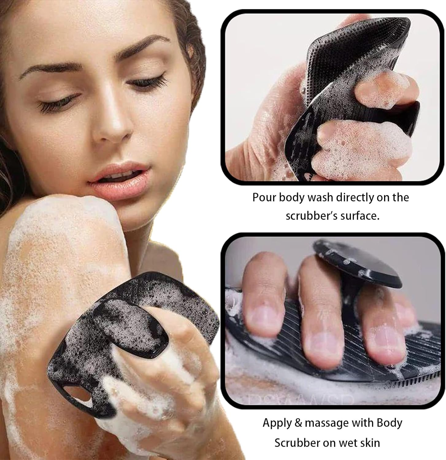 Silicone Body Scrubber Set, 2-Pack, Shower Exfoliating Brush with No-Slip Handle, Black image number 6