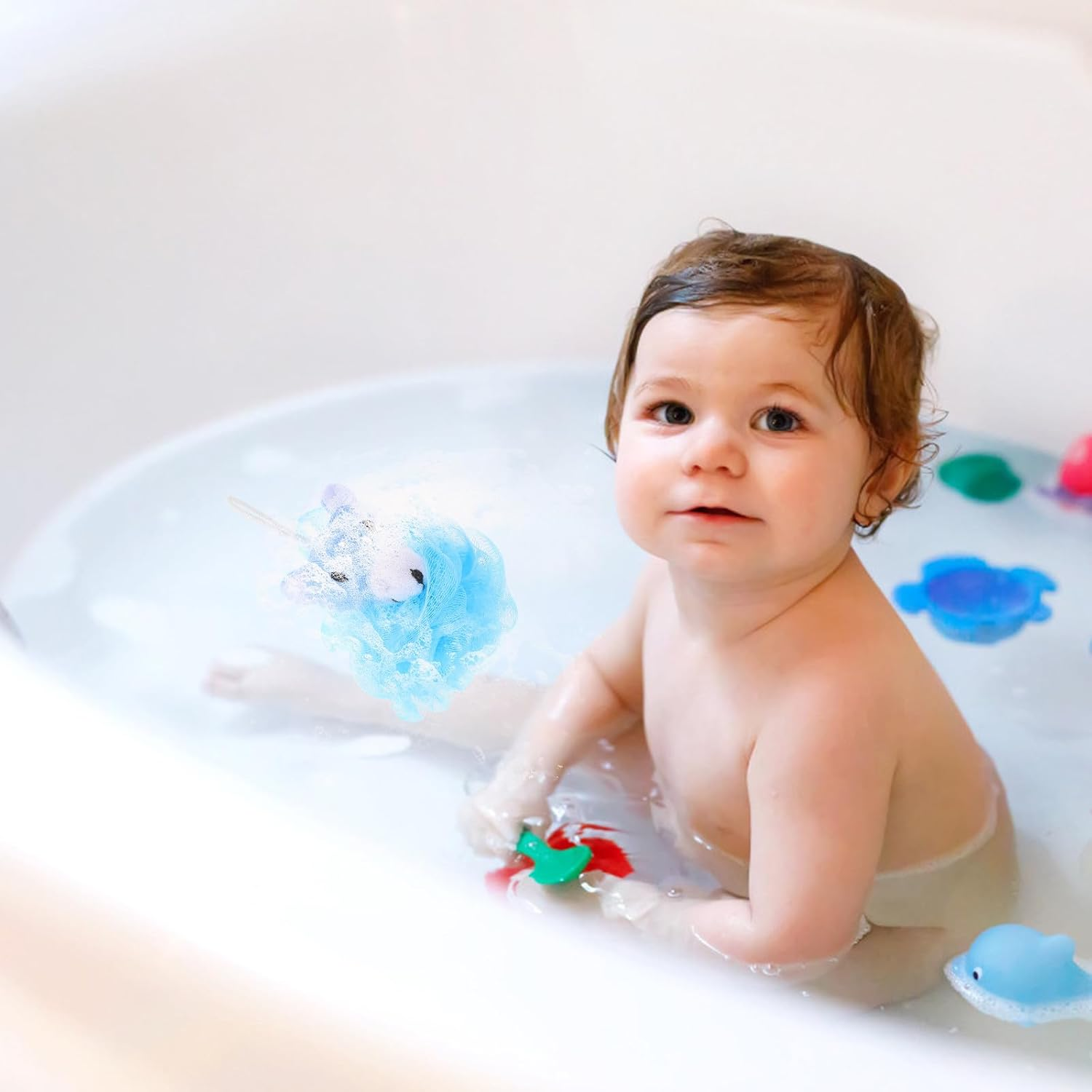 CIYODO 4Pcs Cartoon Animal Bath Loofah Sponge for Soft Exfoliating Shower Puff with Yellow Duck Pink Rabbit Green Bear Gentle Body Cleanser for Fun Bathing Experience image number 2