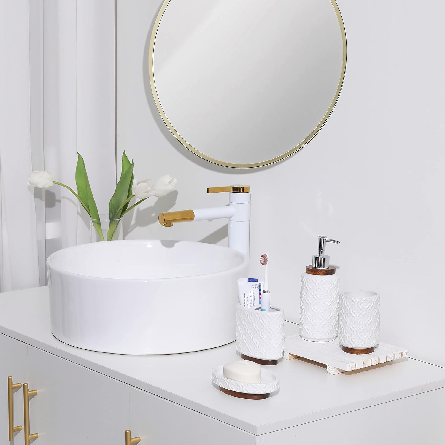 RQYIXI Embossed Ceramic Bathroom Accessory Set with Dark Brown Burnt Wood, Moroccan Trellis Patterns Soap Dispenser Set for Counter Top White Bathroom Set(Moroccan Trellis) - A-White image number 5