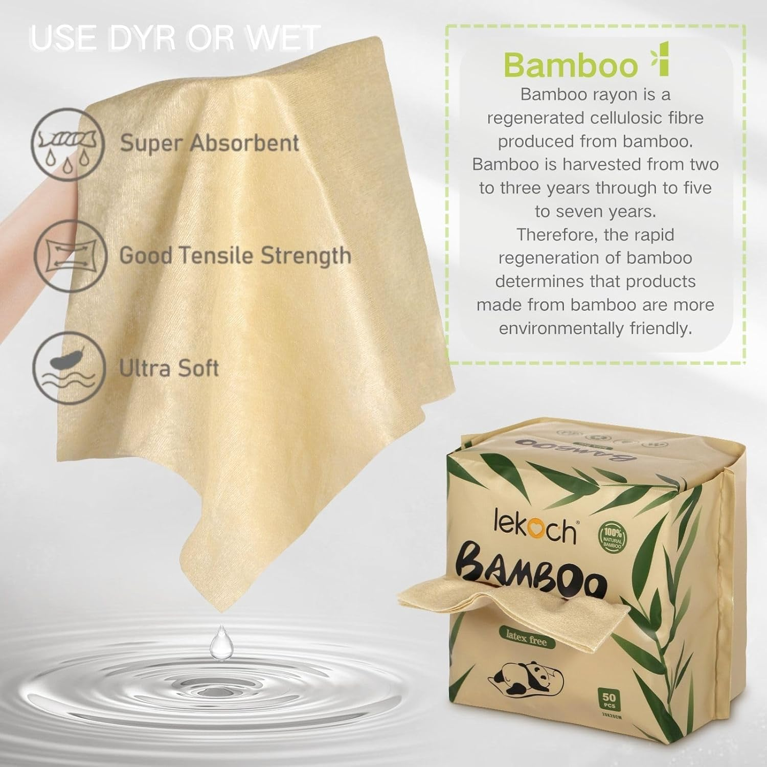 Ultra-Soft 100% Bamboo Dry Wipes - Hypoallergenic, Unbleached for Sensitive Skin | 2X Softer than Cotton | 100% Biodegradable | Makeup Remover & Baby Cloths | 6 Packs (300 Count) image number 3