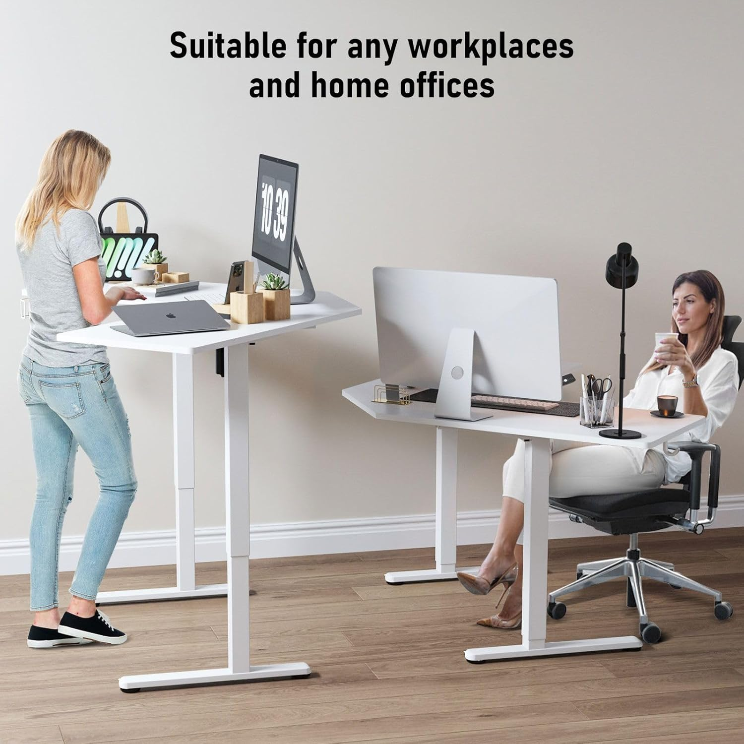 Luxsuite Electric Standing Desk L Shaped Sit Stand up Table Desktop Desk Motorised Height Adjustable Rising Computer Office Sturdy Workstation USB & Type C & Headphone Hook, Cup Holder 120X120Cm White image number 3
