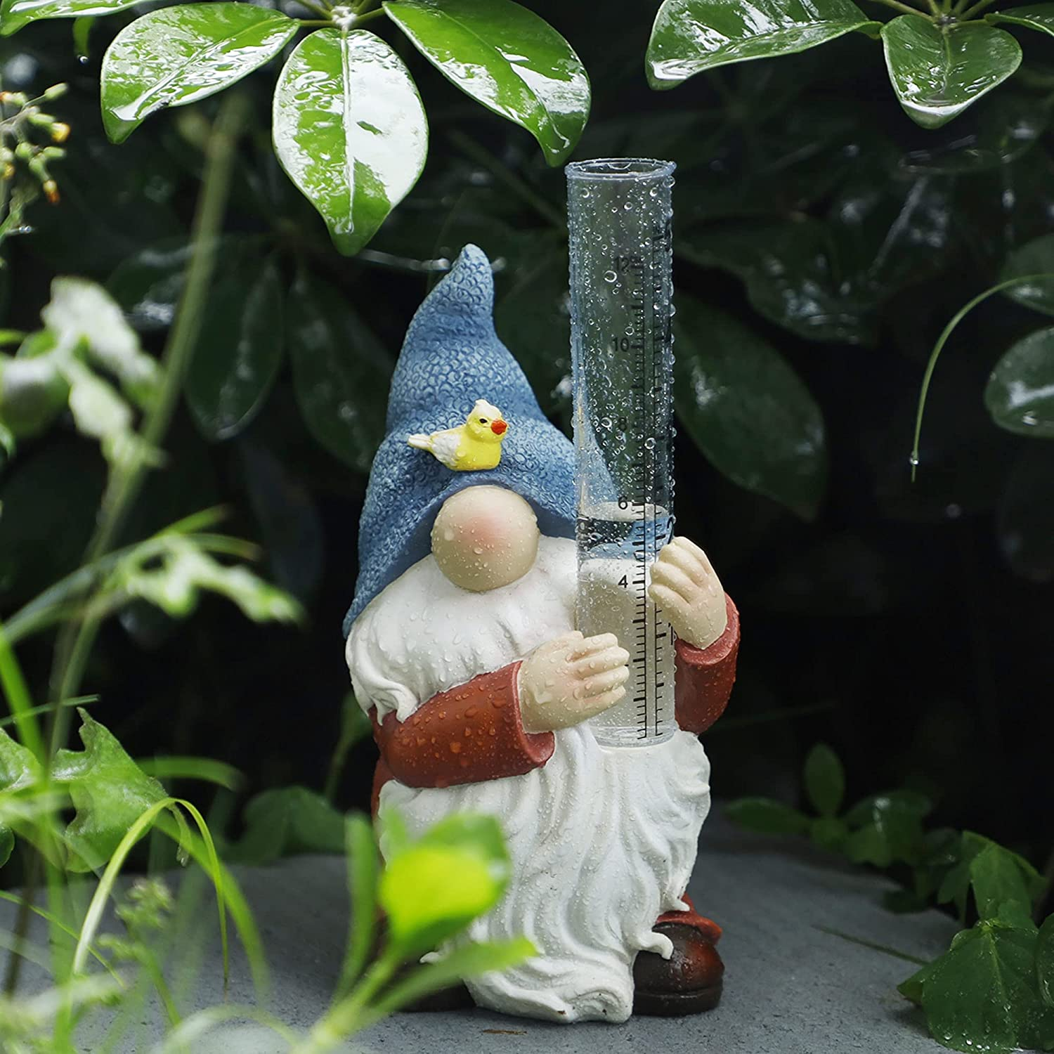 FORUP Resin Gnome Statue with Rain Gauge, Hand Painted Gnome Sculpture for Garden image number 5