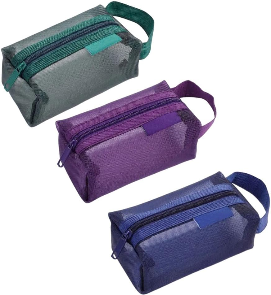 3Pcs Portable Square Mesh Storage Bag, Zippered Cosmetic Bag, Small Coin Purse Travel Carry Pouch (Red+Brown+Dark Blue)