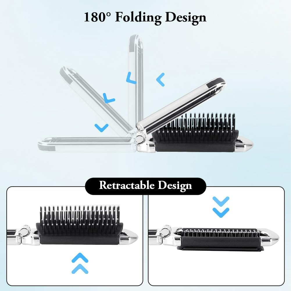 2 Pcs Folding Hair Brush with Mirror - Mini Travel Portable Pocket Size Comb with Soft Nylon Bristles, Collapsible Anti-Static Compact Styling Tool for Gym, Swimming