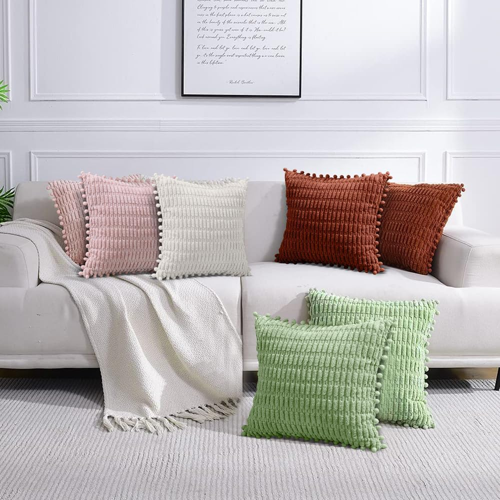 AUTOWT 2 Packs Decorative Throw Pillow Covers - 45 X 45 Cm Outdoor Cushion Cases with Pom-Poms - Boho Home Decor - Square Striped Corduroy Pillowcase for Couch Sofa Bed Bedroom Living Room (Green) - Grey image number 4