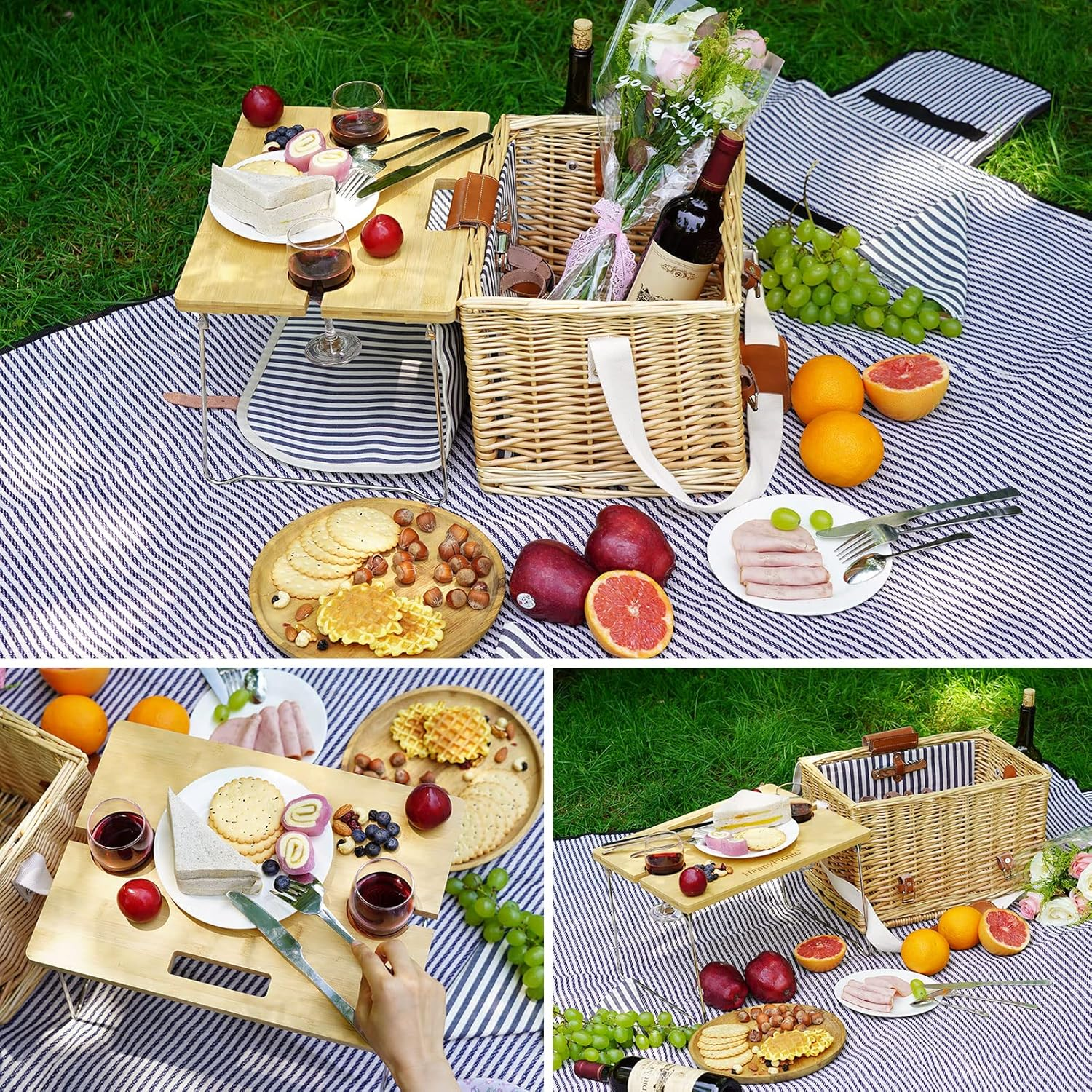 Wicker Picnic Basket for 2 with Detachable Table, Elasticated Wine Holder, Shoulder Carrying Willow Picnic Hamper Set with Premium Tableware & Blanket for Outdoor, Wedding, Anniversary, Birthday Gift image number 6