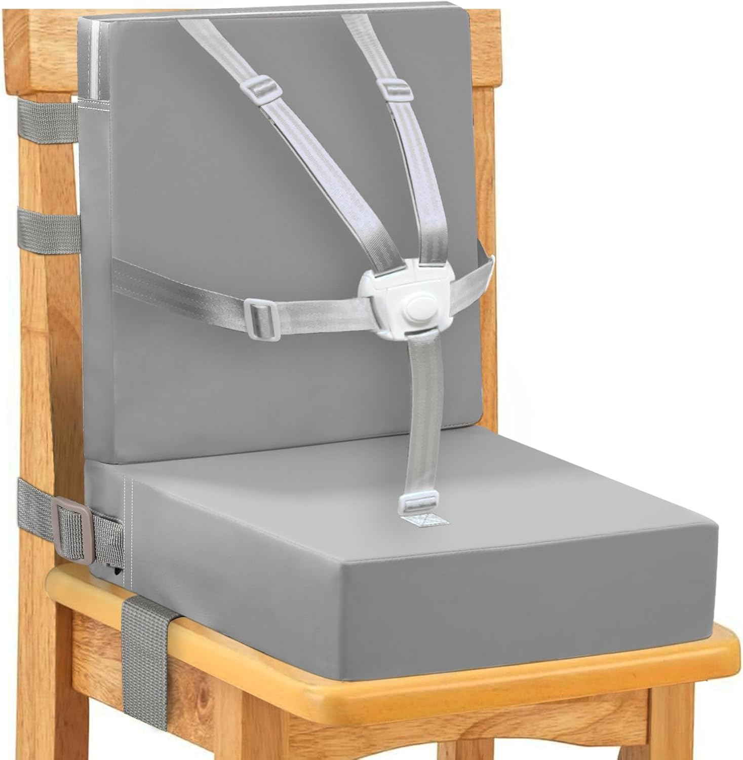 Toddler Booster Seat for Dining Table, 5 Point Buckle Child Booster Seat for Table with Backrest, PU Waterproof Easy Cleaning Dining Booster Seat Adjustable Seat Belts & Non-Slip Bottom (Grey)