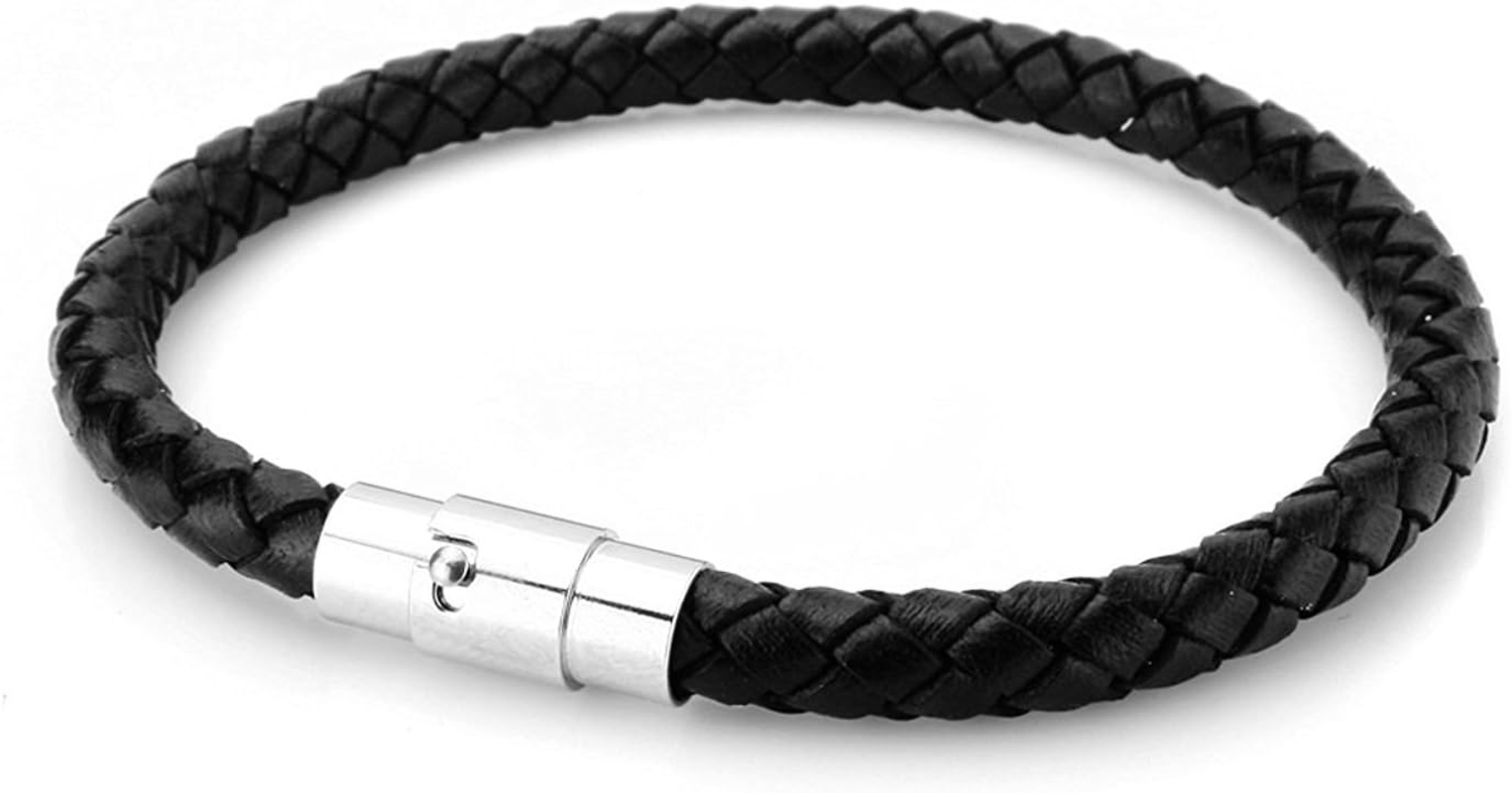 Jewelrieshop Braid Leather Bracelet Wristband, Stainless Steel Magnetic Lock Clasps, Cuff Bangle, Leather Cord