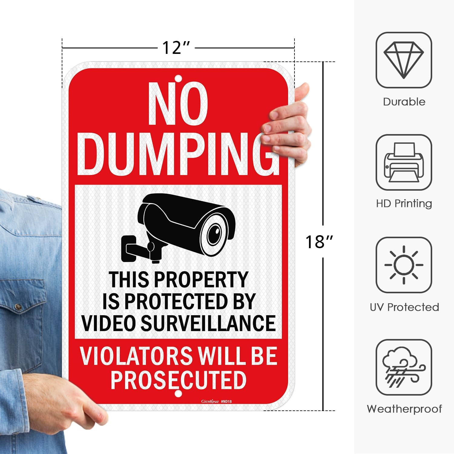 Gicnkeuz Large No Dumping Signs Private Property, 18 X 12 Inches Video Surveillance Protected, Violators Will Be Prosecuted Signs, Engineer Grade Reflective Aluminum, Fade Resistant, Easy to Mount （2 - Pack） image number 5