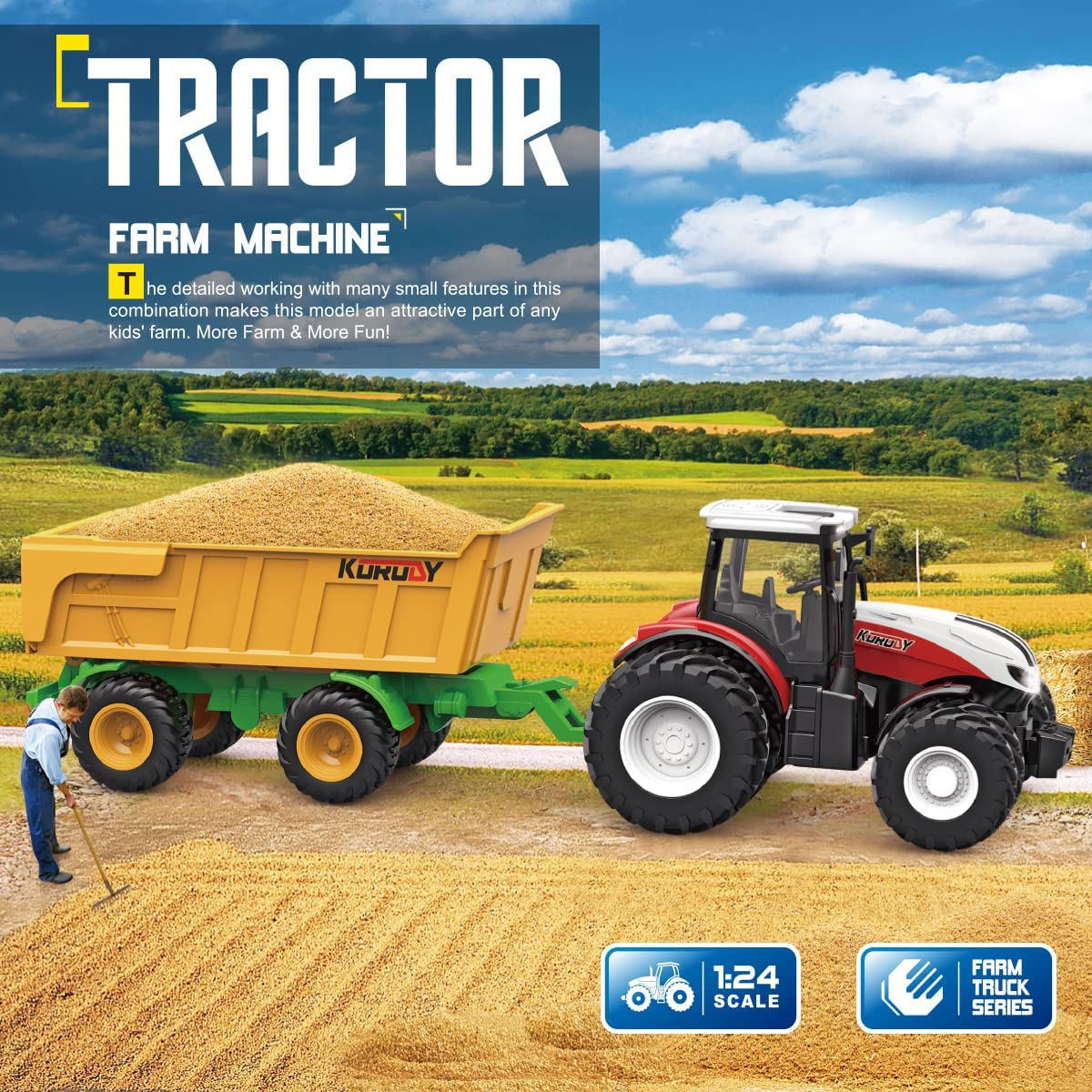 Fisca RC Tractor Remote Control Farm Truck with Trailer, 2.4Ghz 1/24 Scale Electronic Tractor Farm Vehicle Toy with Light for Kids Age 5, 6, 7, 8, 9 and up Years Old image number 2