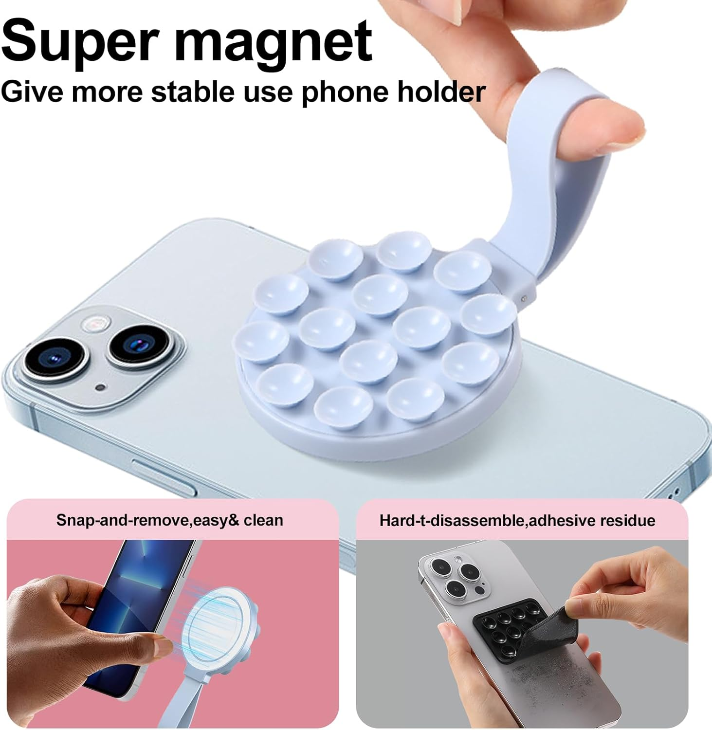 T Tersely Silicone Suction Phone Grip Holder, Magnetic Phone Mount Compatible with Magsafe, Sticky Grip Hands-Free Mirror Stand Holder for Iphone 17/16/15/14/13/12/11 Series and Android (Blue)