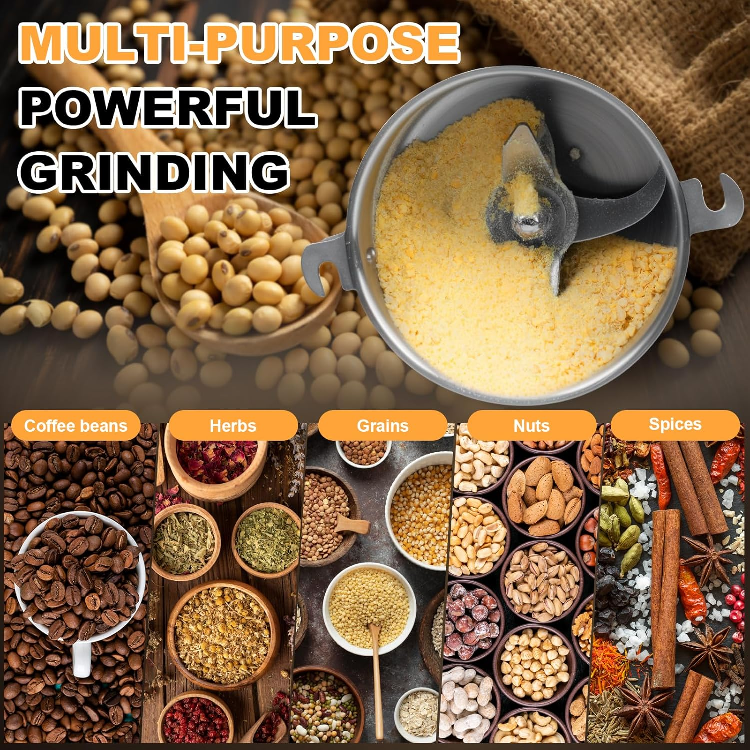 LZONEY Grain Mill Grinder 150G High Speed Electric Stainless Steel Grinder Cereals Wheat Corn Herbs Spices Coffee Beans Seasonings image number 3