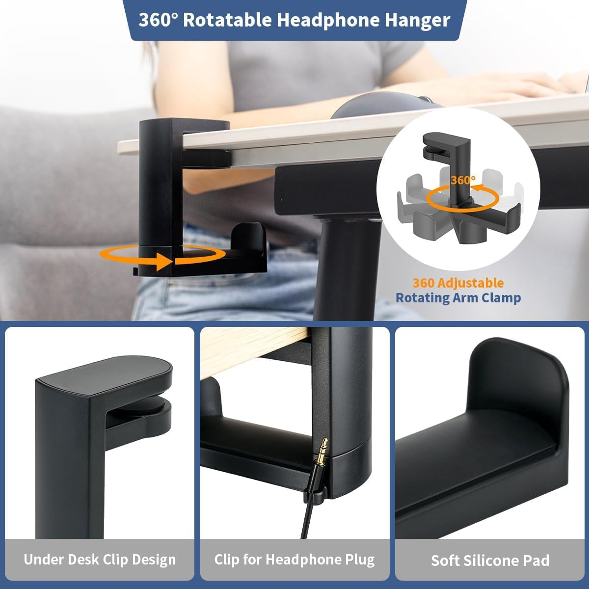 PC Gaming Headset Hook Holder Hanger Mount, Headphones Stand with Adjustable 360 Rotating Arm, under Desk Clamp on Design, Universal Fit, Built in Cable Clip Organizer (Black) (#1)