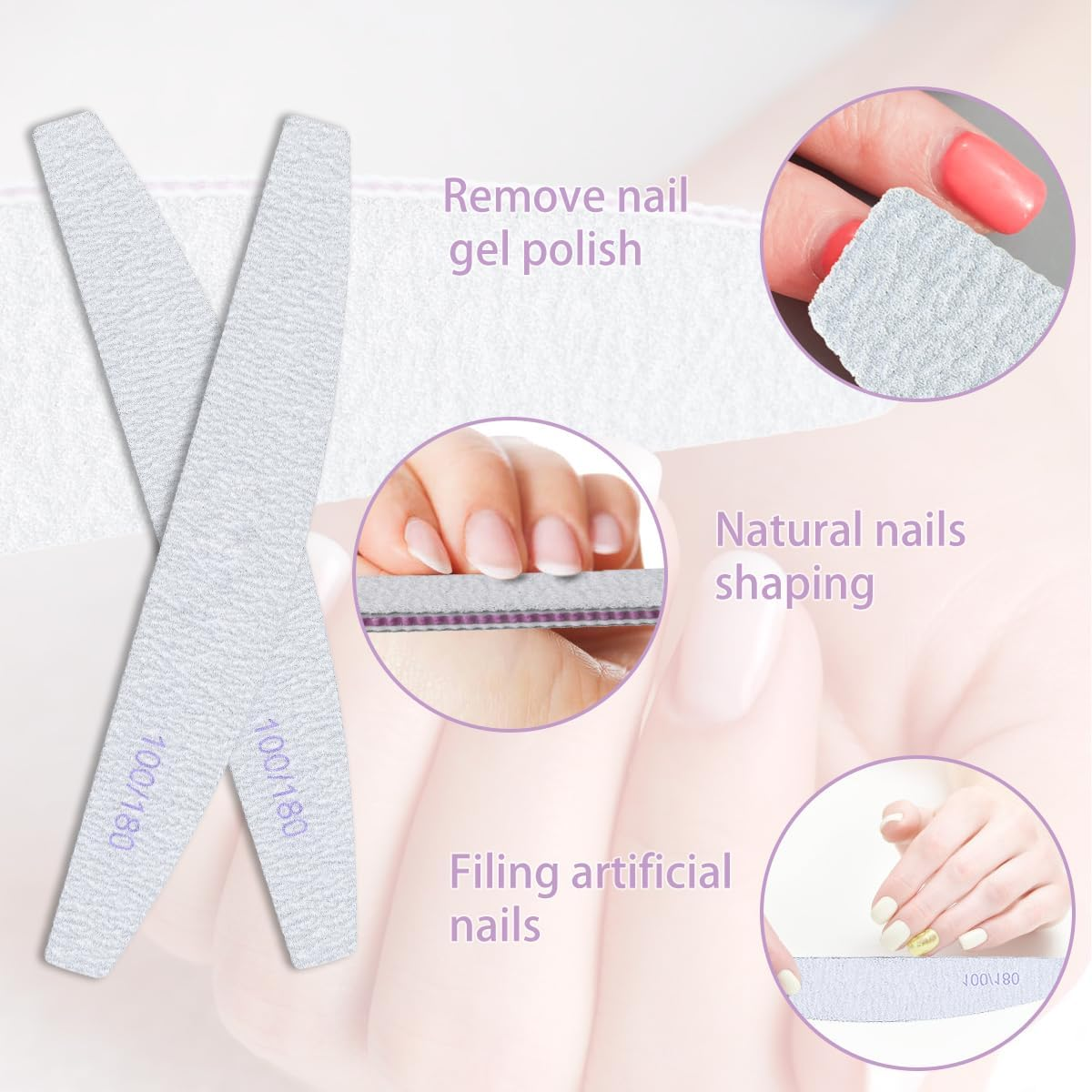 URAQT 6PCS Professional Nail Files,100/180 Grit Nail File Double Sided Emery Board,Washable Nail Buffer Files,Curved Fingernail Files for Nail Grooming and Styling,Hairdressing Salon,Pets (White) image number 3