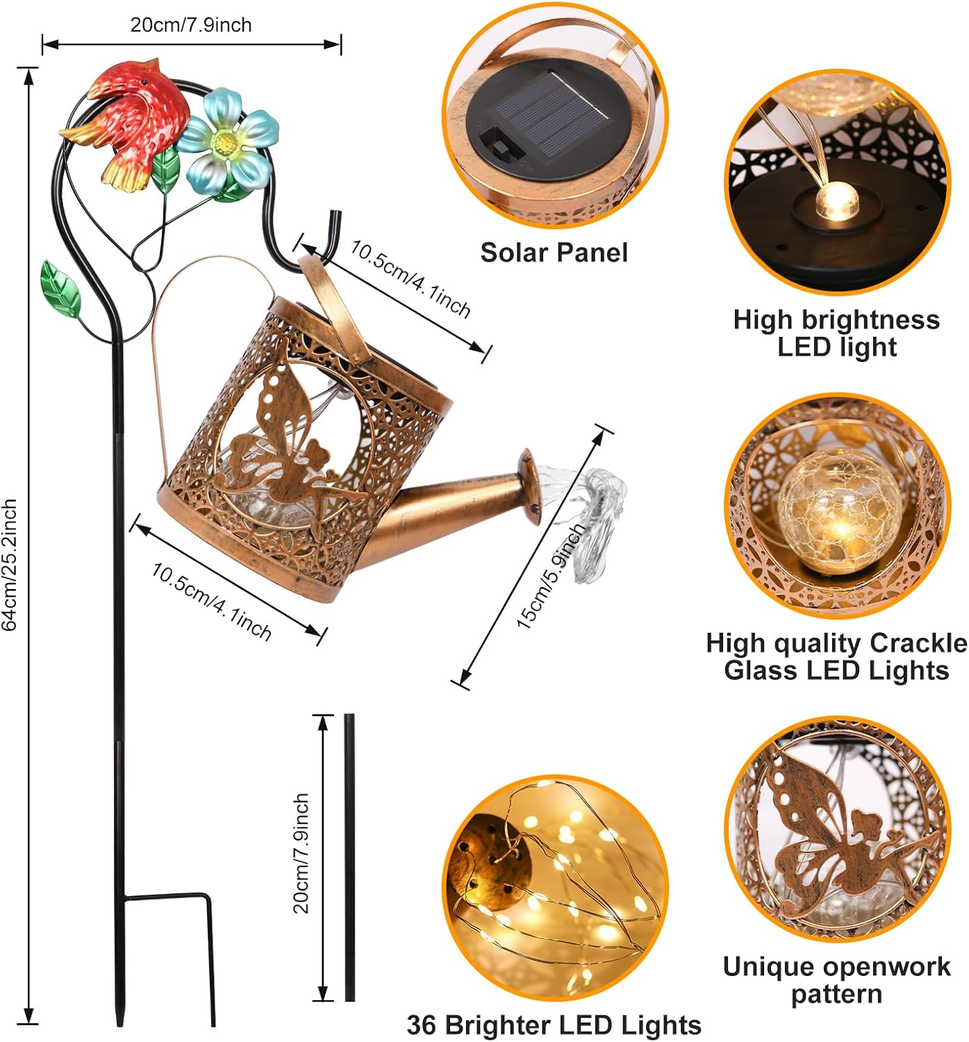 Solar Lights Outdoor Garden Decor Solar Watering Can with Crackle Glass Lights Waterproof Metal Hanging Fairy Lantern for Patio Lawn Yard outside Decorations- Unique Gift Ideas for Gardening