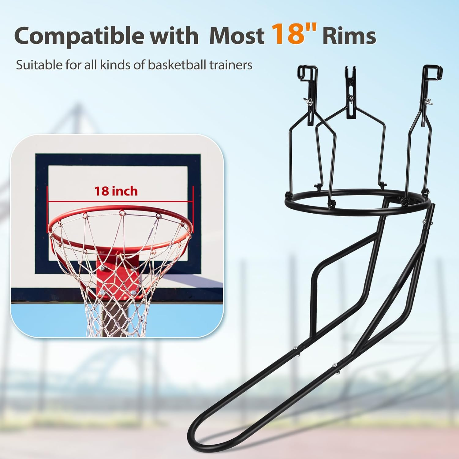 GADFISH Basketball Return Attachment, Heavy Duty Basketball Rebounder with 3 Stable Large Hooks, Durable Basketball Accessories for 18" Rim Basketball Training, Black