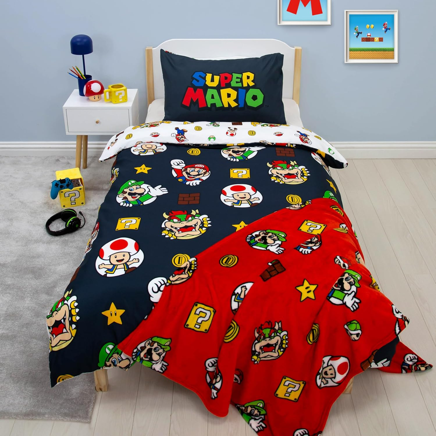Nintendo Super Mario Official Single Duvet Cover Set with Mario, Luigi and Bowser Design | Black Reversible 2 Sided Bedding Cover Official Merchandise Including Matching Pillow Case image number 1