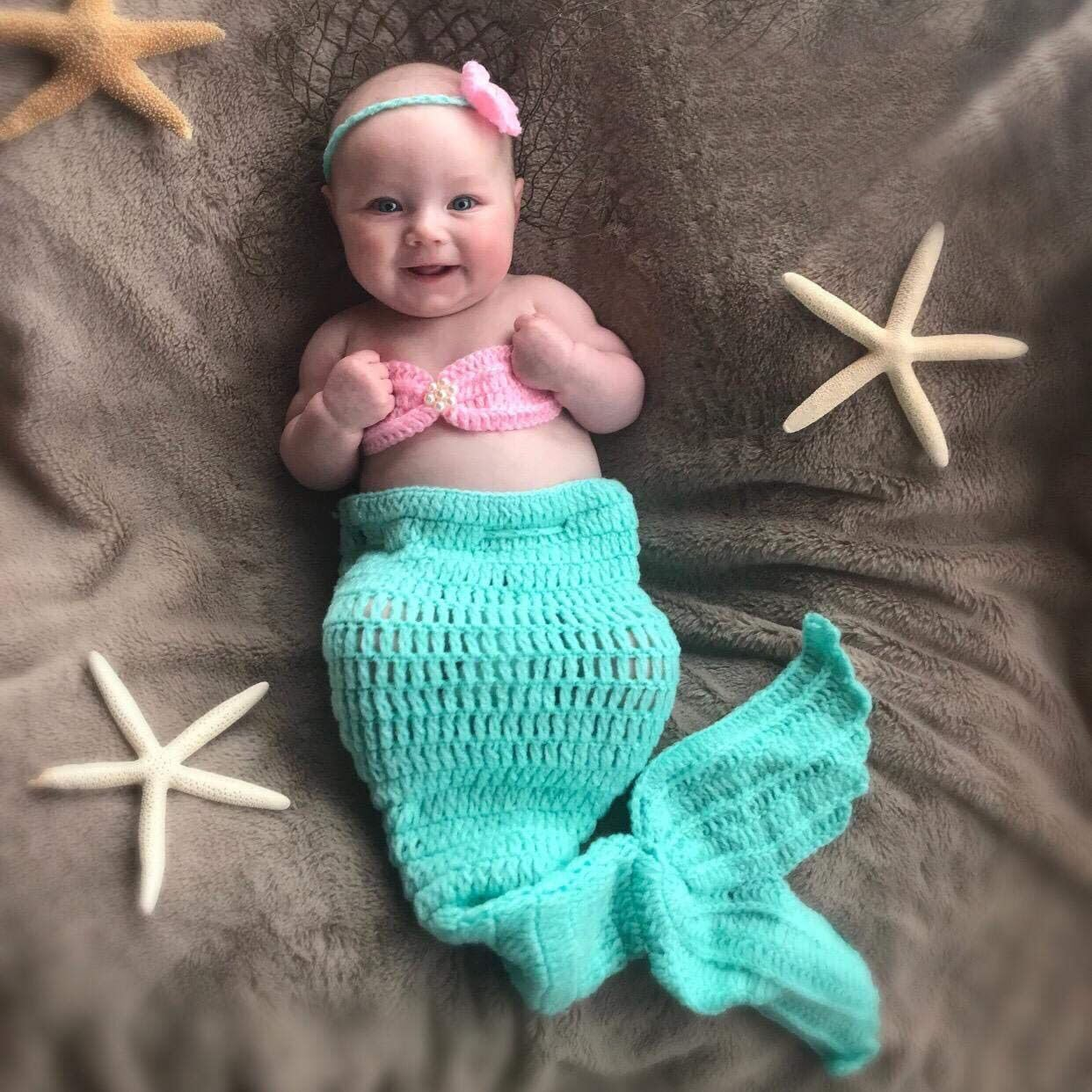 House Mermaid Costume Set-Handmade Crochet Photo Prop Includes Headband, Bra, Tail for Newborn Photography (Aquamarine) image number 1