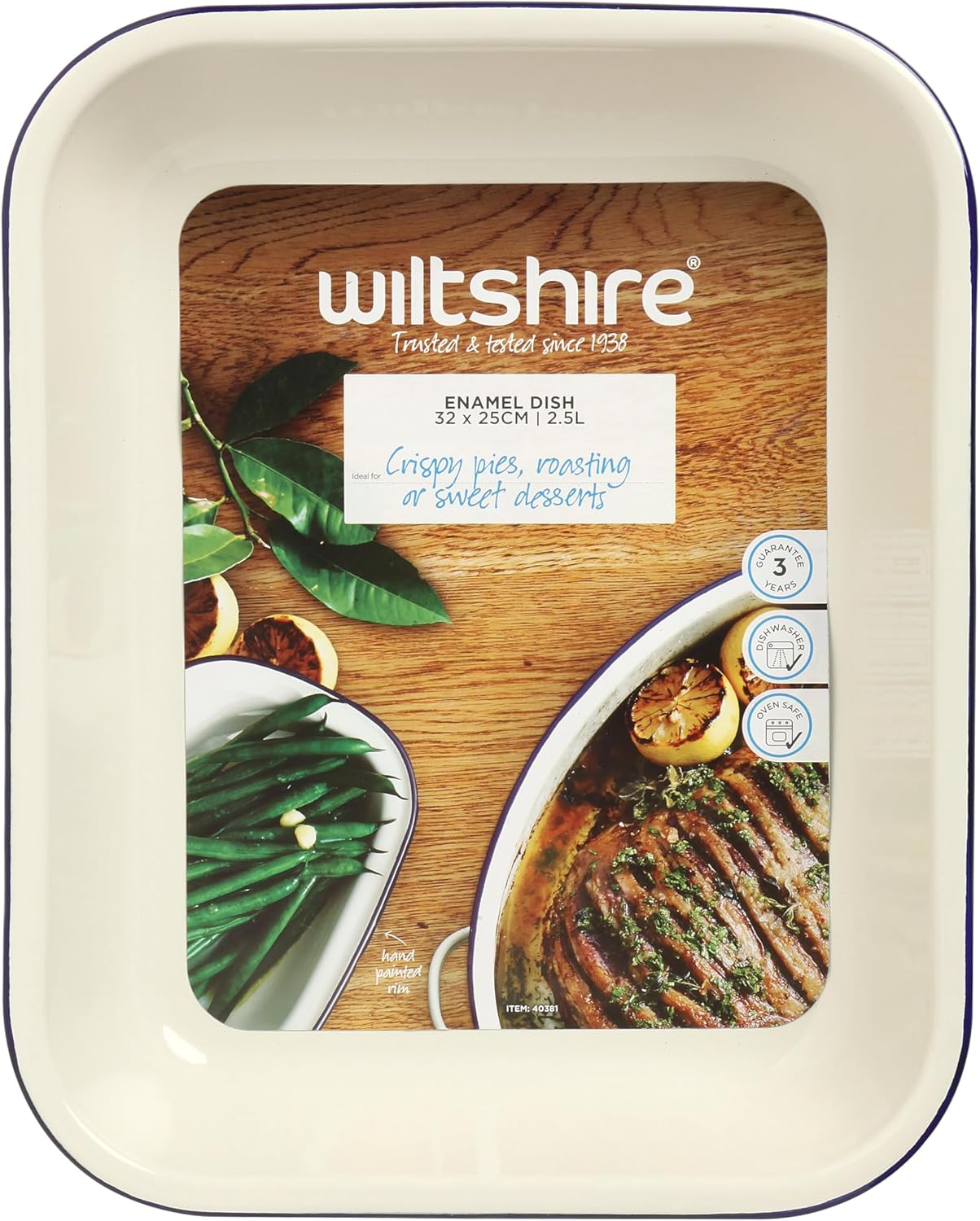 Wiltshire Enamel Baking Dish 2.5 Litre &ndash; White with Blue Rim, Scratch-Proof Porcelain Enamel Oven to Table Dish, Oven and Freezer Safe, Dishwasher Friendly and Durable Design image number 1