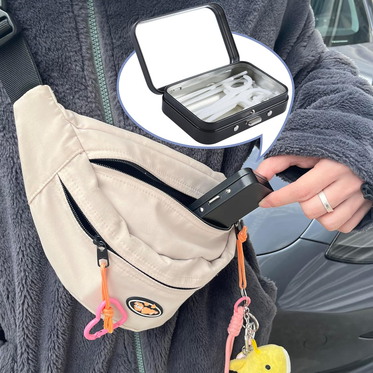 2Pcs Dental Floss Picks Dispenser, Portable Dental Floss Case with Mirror, Quick Refill Floss Pick Holder Storage Case for Travel Purse Accessories (Black) image number 5