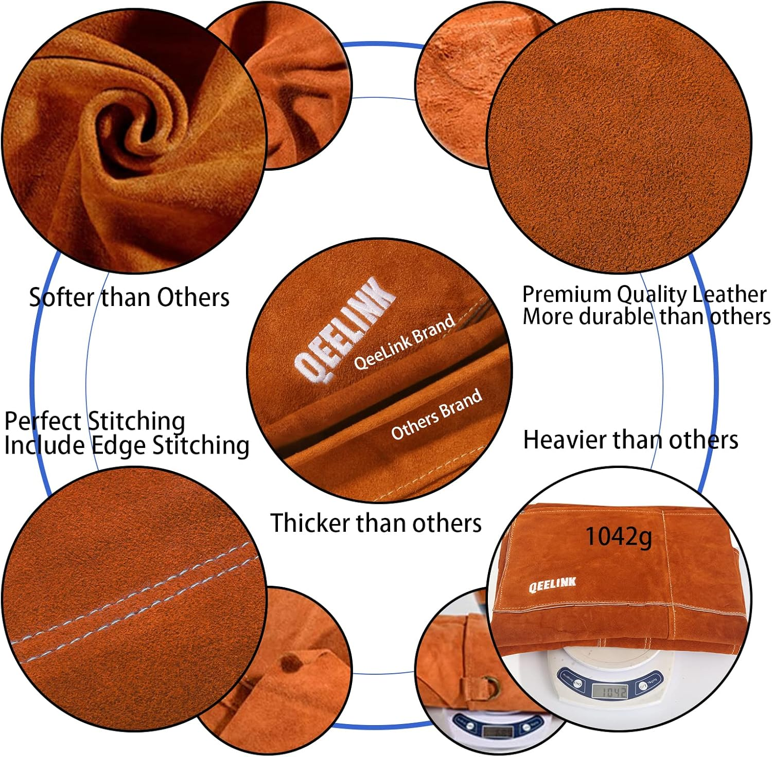 Qeelink Leather Welding Work Apron with 6 Tool Pockets, Heat & Flame Resistant Apron, 24" X 36", Adjustable M to XXXL image number 2