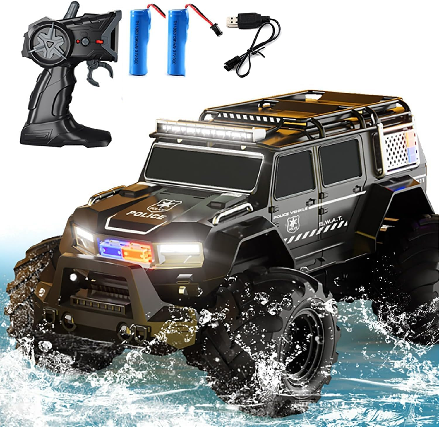 Amphibious Remote Control Car Waterproof Monster RC Cars 4WD All Terrain Off-Road Stunt Vehicle Toys with 2.4 Ghz LED Lights for 6 7 8 9 10 11 12+ Year Old Kids Boys Girls Gifts Presents (Blue)
