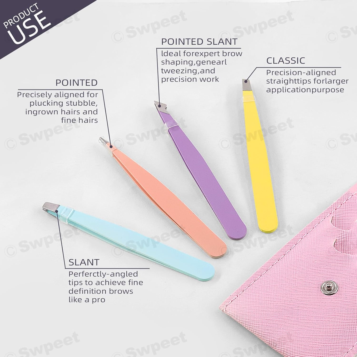 Swpeet 4Pcs 3.79 Inches Multi-Color Eyebrow Tweezers Stainless Steel Tweezers Kit with Leather Travel Case, Professional Slant Pointed Precision Tweezers Great Precision for Eyebrows Facial Hair - Black image number 5