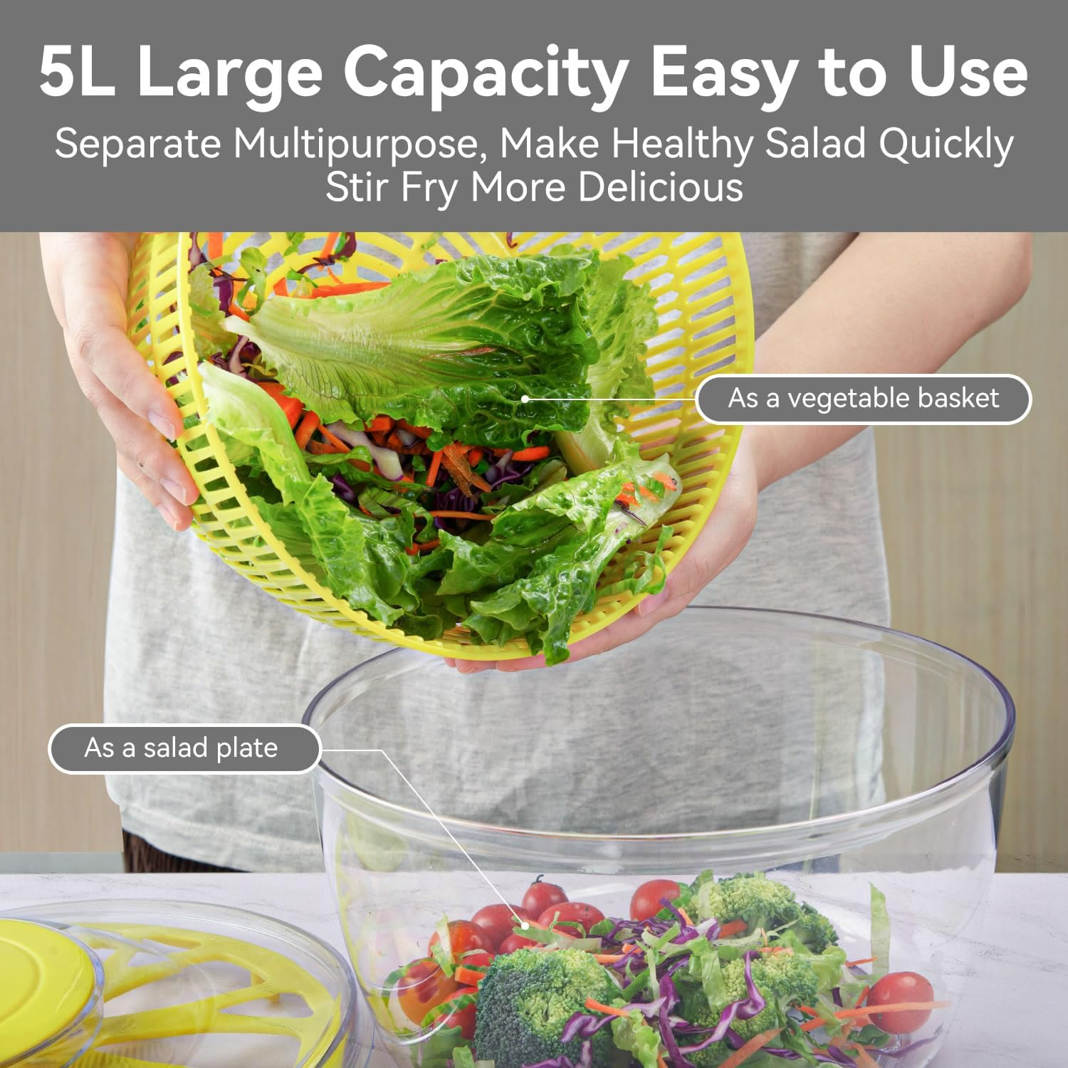Stelive 2-In-1 Salad Spinner & Mandoline Slicer Lettuce Spinner Vegetable Washer Dryer with 5 Interchangeable Blades, 5L Large Capacity, Easy to Clean, Food-Grade Kitchen Tool for Vegetables & Fruits image number 5