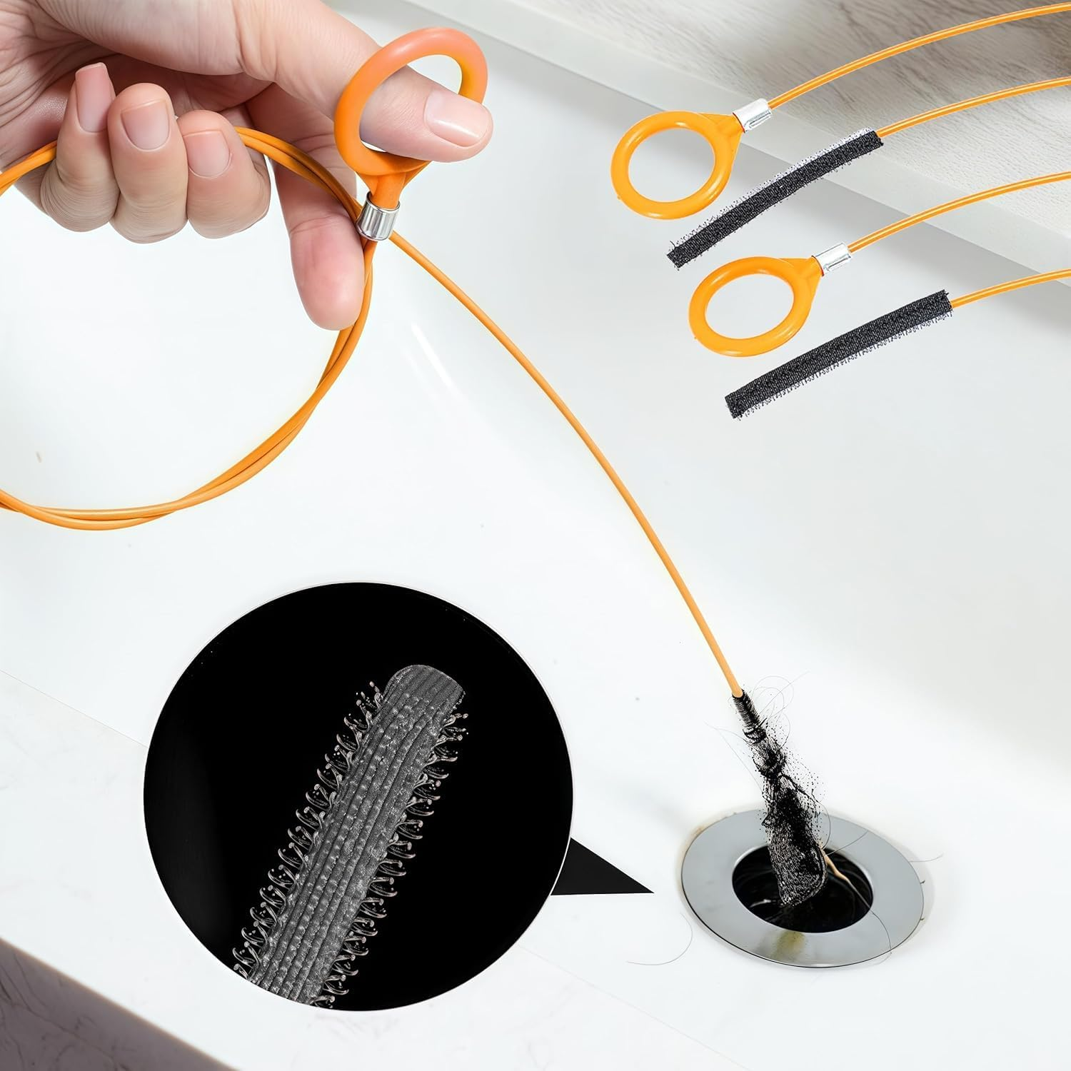 5 Pack Snake Hair Clog Remover,Plumbing Snake with Nylon Brush Head, Drain Hair Remover for Shower, Bathroom Clogs, Kitchen Sink Drain Cleaning(Orange)